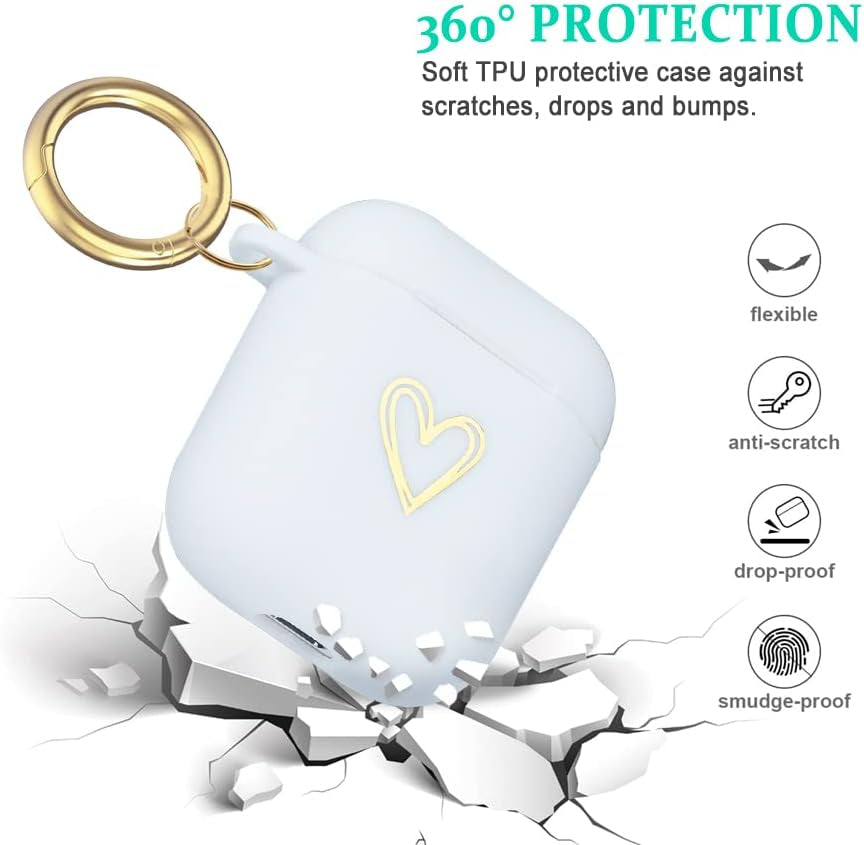 Wonjury Airpods Case Soft TPU Gold Heart Pattern Cute with Keychain Shockproof Cover Case for Girls Woman Apple Airpods 2 &1 - White  Wonjury   