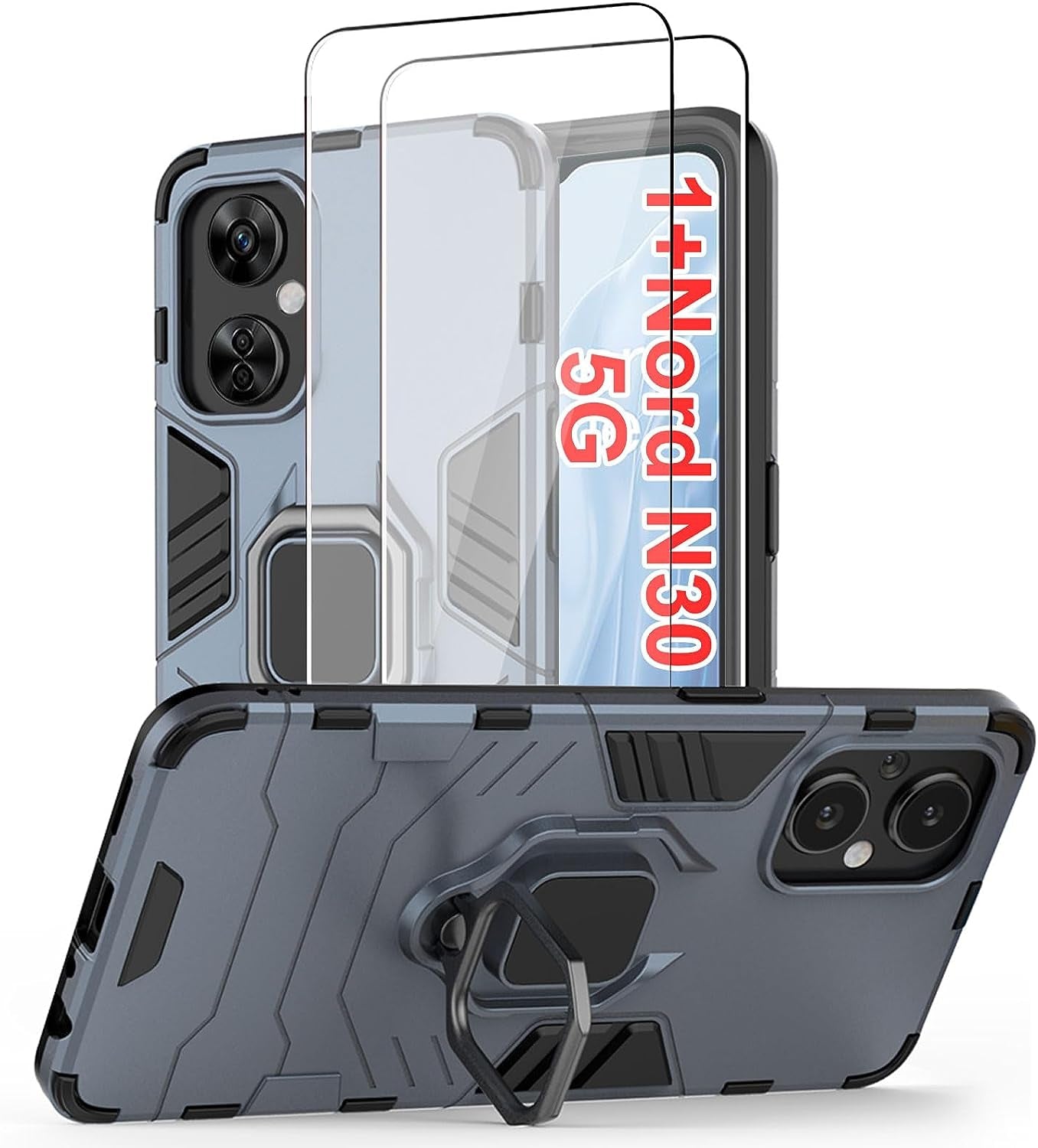 Jusy Oneplus Nord N30 5G Case with 2 Screen Protector, Protective Phone Cover with Kickstand, Ring and Magnetic Plate, Tempered Glass Protectors for 1+ Nord N30 5G(Black)  Jusy Navy-N30  