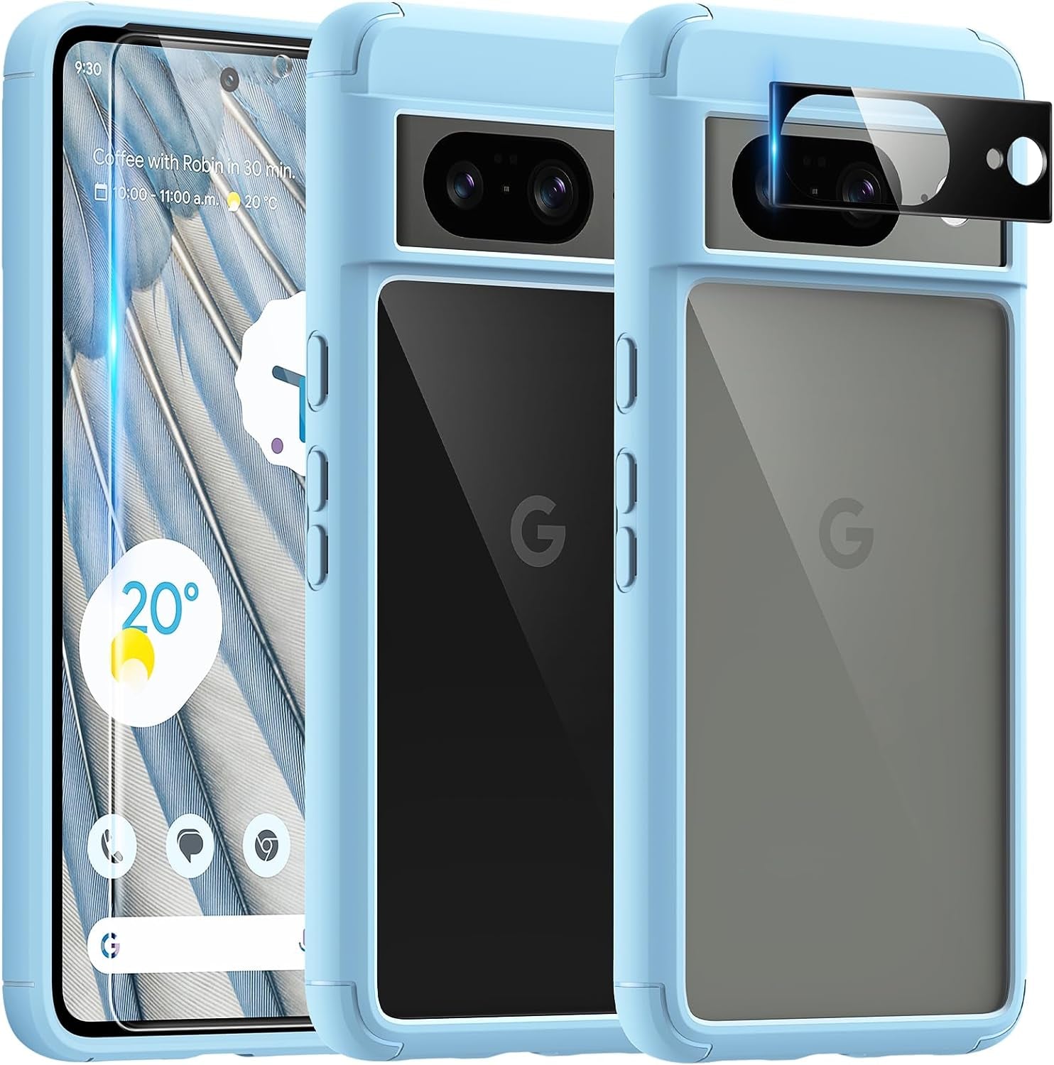 TAURI for Google Pixel 8 Pro Case, [5 in 1] 1X Clear Case [Not-Yellowing] with 2X TPU Film Screen Protector + 2X Camera Lens Protector, [Military Grade Protection] Slim Case for Pixel 8 Pro  TAURI Light Blue For Pixel 8 