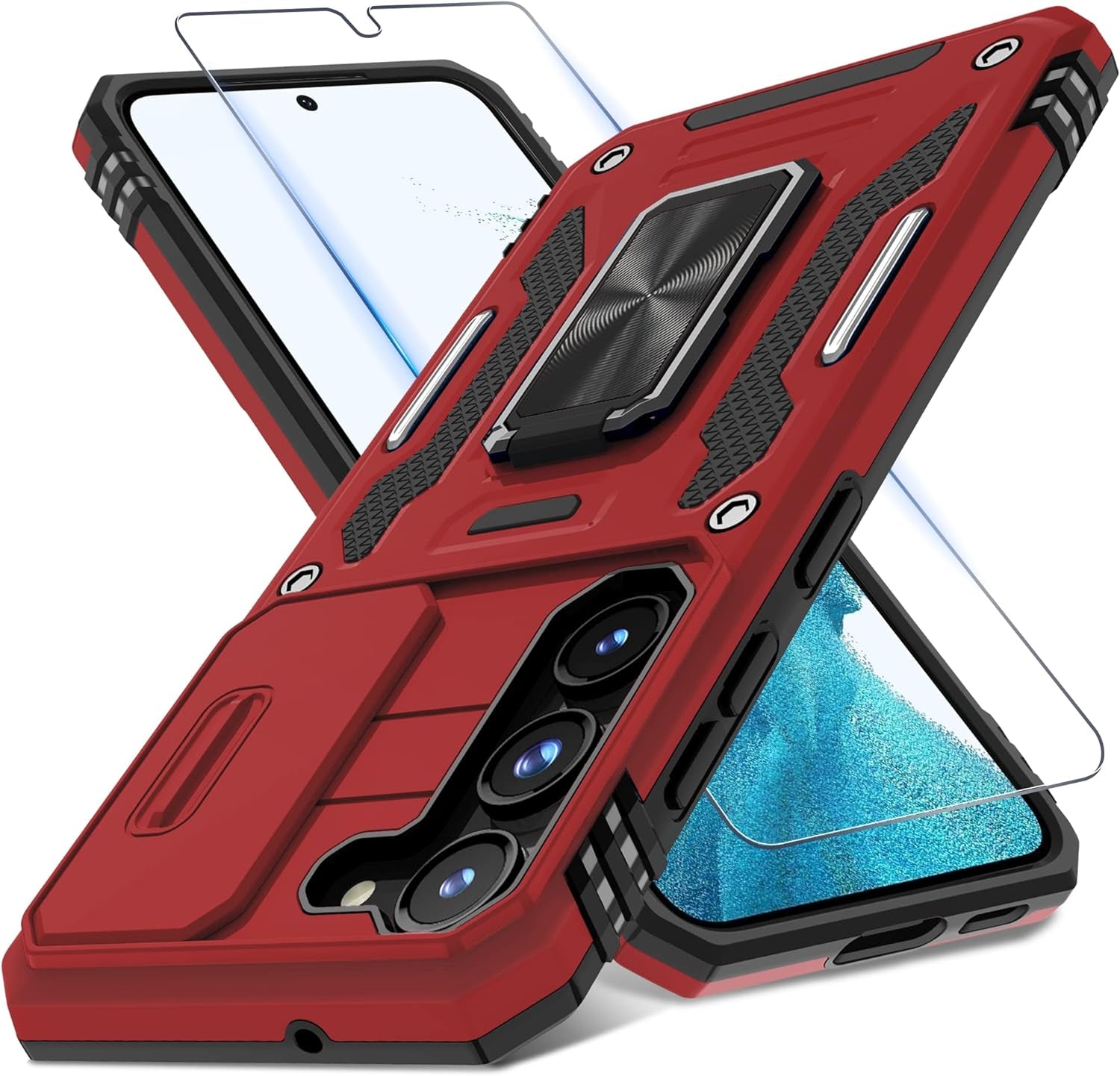 DEERLAMN for Samsung Galaxy S22 Ultra Case with Slide Camera Cover,Built-In Rotated Ring Kickstand [Full Camera Protection] [Military Grade] Heavy Duty Shockproof Protective Case Cover-Black  DEERLAMN Red Samsung Galaxy S22-6.1 Inch 