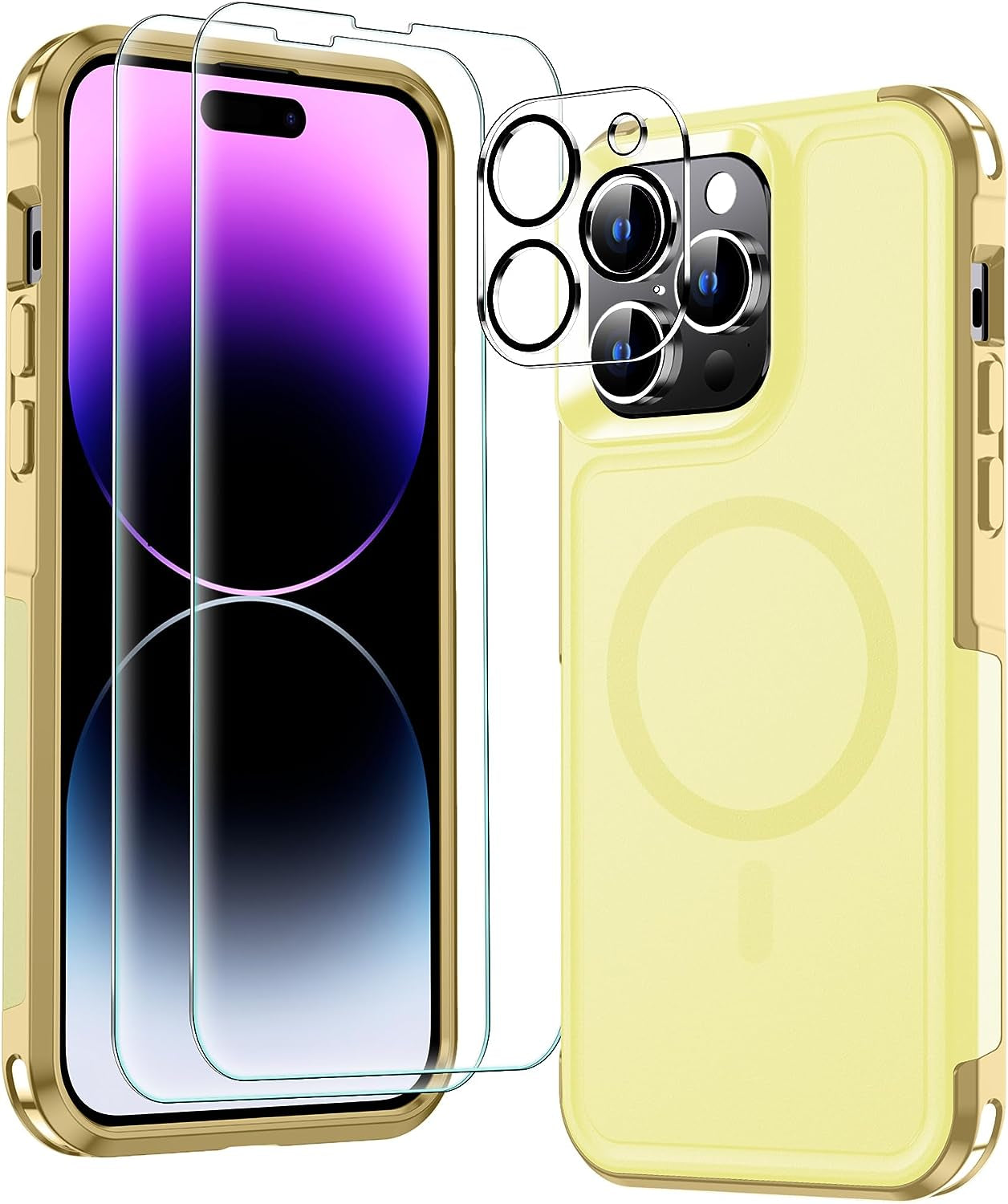 MOZOTER 6-In-1 Magnetic for Iphone 14 Pro Case,[Compatible with Magsafe][Glass Screen Protector+Camera Lens Protector] [Anti-Yellowing] Slim Shockproof for Iphone 14 Pro Phone Case 6.1 Inch-Clear  MOZOTER Yellow  