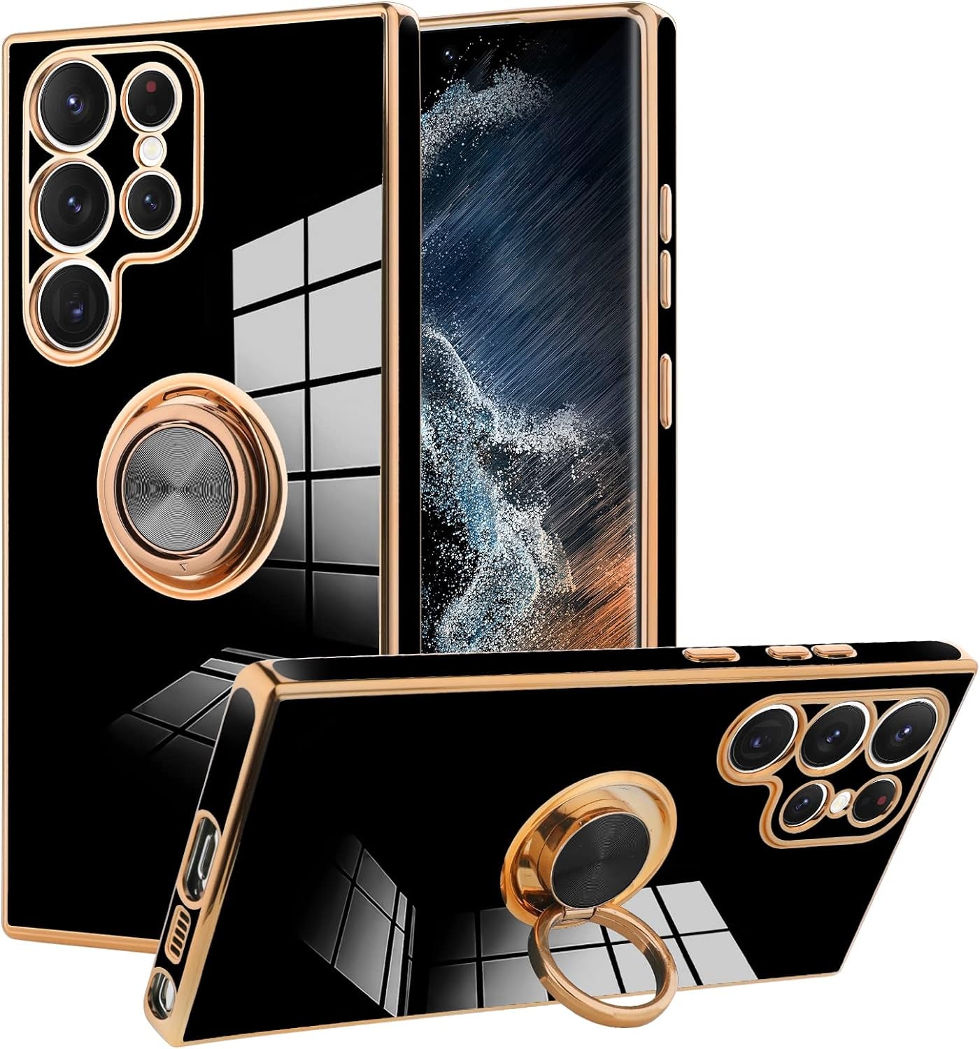 KANGHAR Compatible with Samsung Galaxy S23 5G Case for Women Girls, Plating Built-In 360 Rotation Magnetic Ring Kickstand Holder Soft Slim Shockproof Bumper Protective Cover (Blue)  KANGHAR Black Samsung Galaxy S23 Ultra 