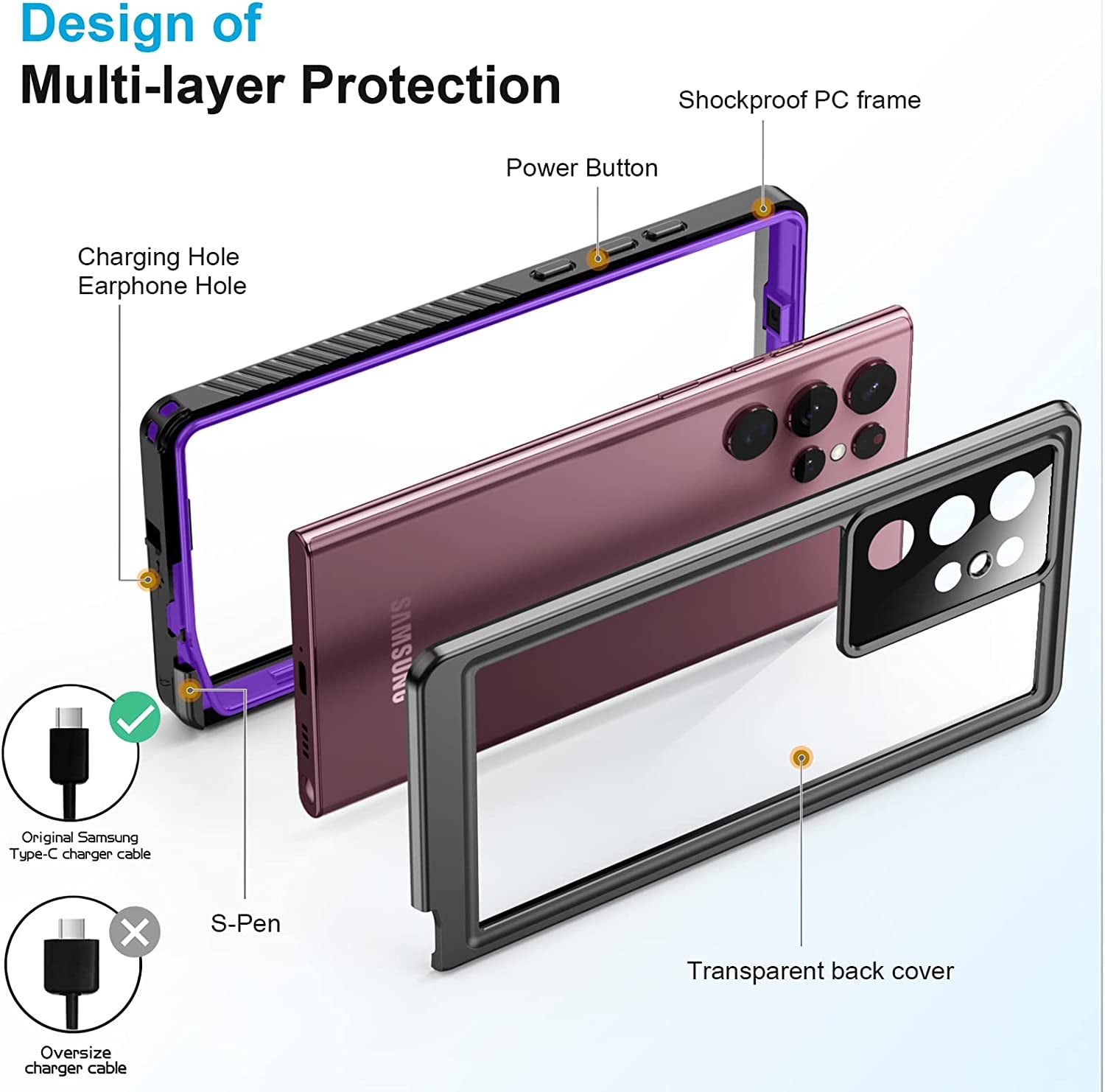 Temdan for Samsung Galaxy S22 Ultra Case Waterproof, Built in Screen Protector 360° Full Body Heavy Duty Shockproof IP68 Waterproof Galaxy S22 Ultra Case for Samsung S22 Ultra 5G 6.8 Inch Purple  Temdan   