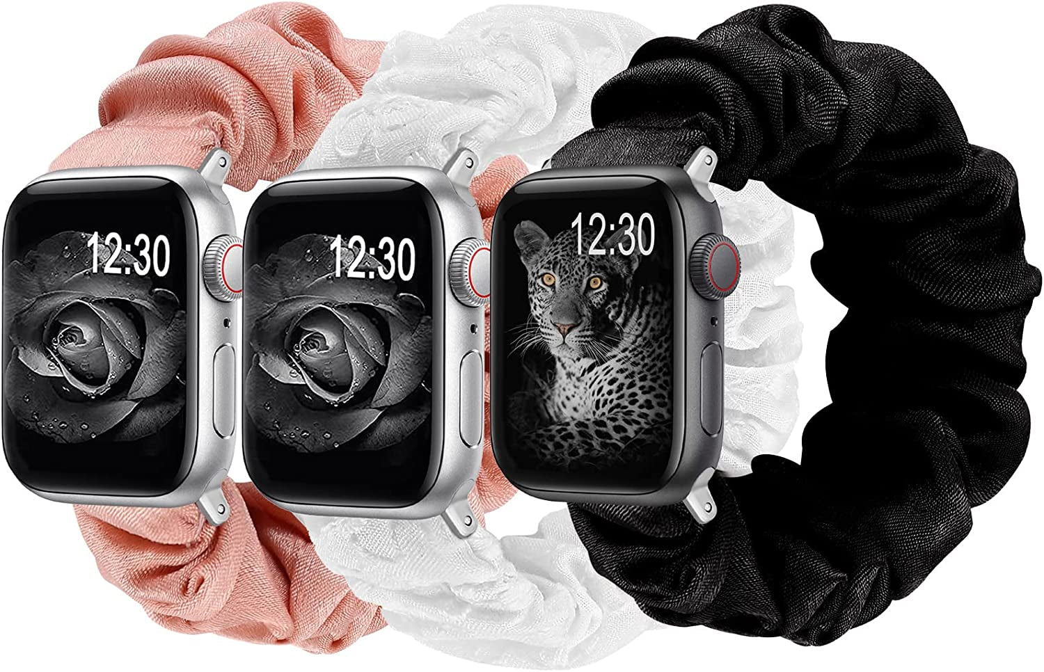 TOYOUTHS 3 Packs Compatible with Apple Watch Band Scrunchies 49Mm(Ultra)/45Mm/44Mm/42Mm Cloth Soft Pattern Printed Fabric Bracelet Women Iwatch Elastic Scrunchy Band Series SE 8 7 6 5 4 3 2 1 S/M  TOYOUTHS Pink/White/Black 41/40/38mm M/L(6.0" - 6.9" Wrist) 