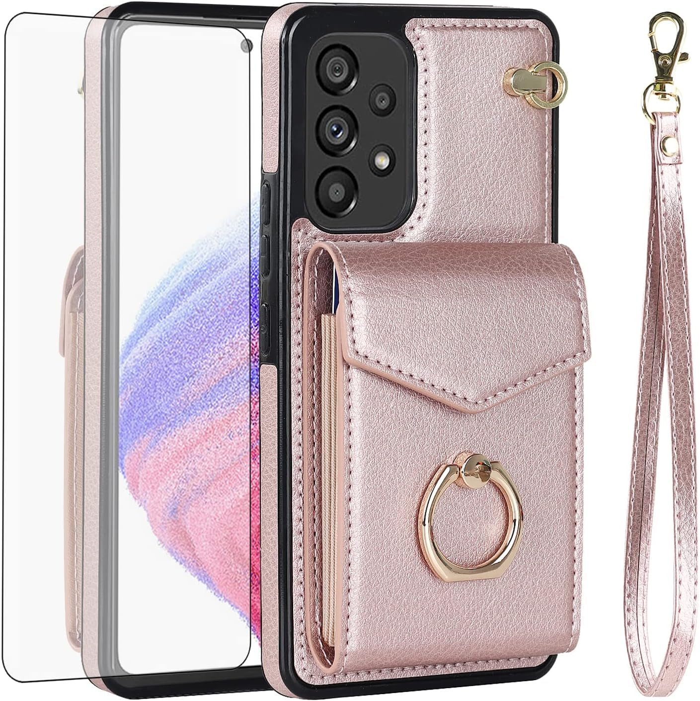 Asuwish Phone Case for Samsung Galaxy A53 5G Wallet Cover with Tempered Glass Screen Protector and RFID Blocking Ring Credit Card Holder Cell Accessories a 53 G5 53A SM A536U 6.5" 2022 Women Men Teal  Asuwish Rose Gold For A53 5G 