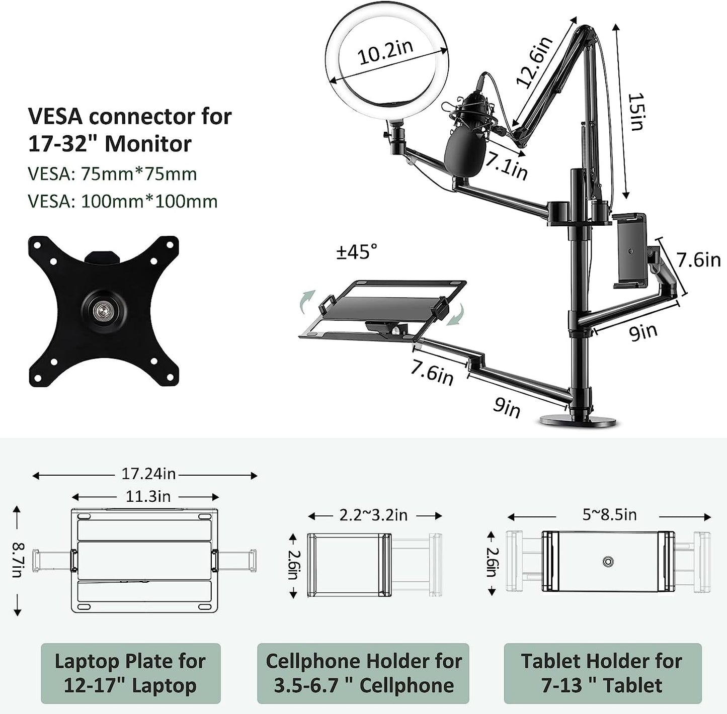 Procase 6-In-1 Desktop Selfie Stand with 10.2" LED Ring Light, Compatible with 12-17” Laptops/ 7-13” Tablets/ 17-32” Monitors/3.5-6.7” Phones DSLR Digital Camera for Live Video Online Meeting -Black  ProCase   