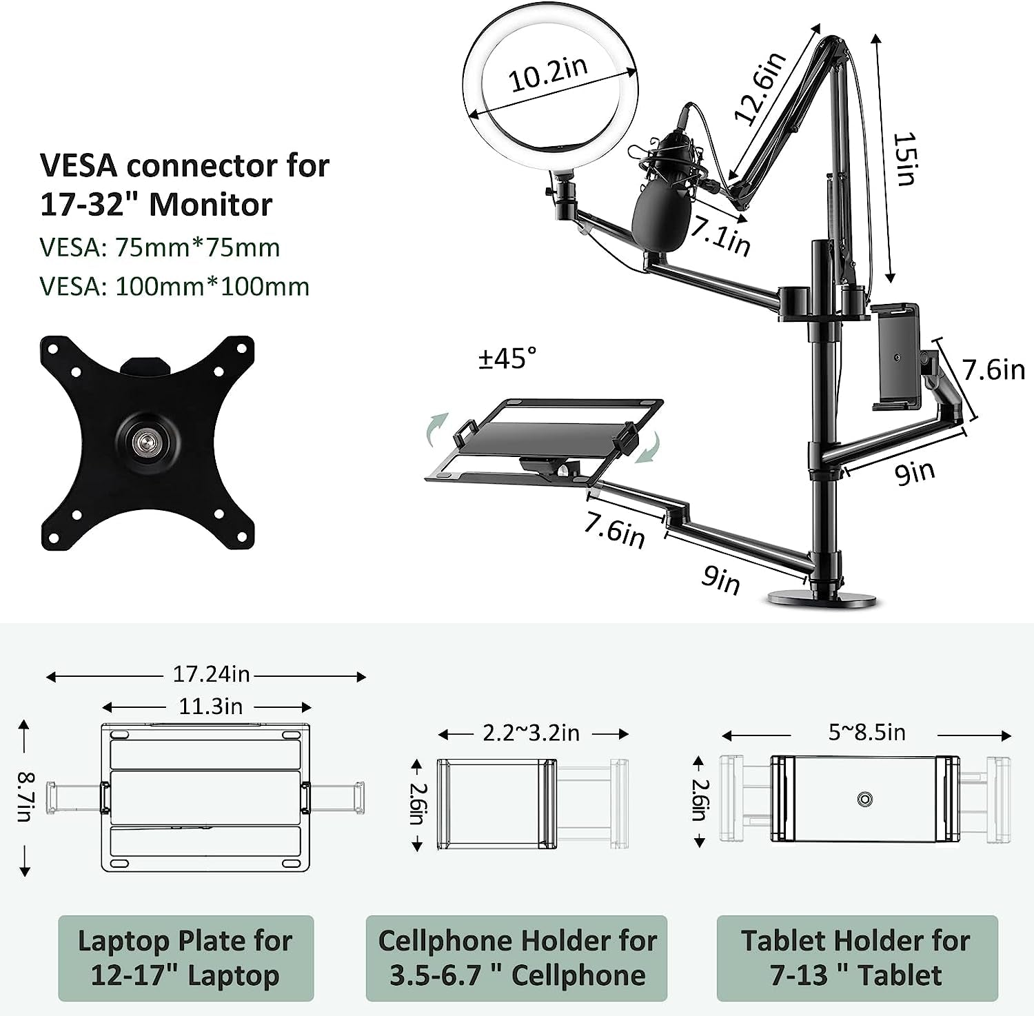 Procase 6-In-1 Desktop Selfie Stand with 10.2" LED Ring Light, Compatible with 12-17” Laptops/ 7-13” Tablets/ 17-32” Monitors/3.5-6.7” Phones DSLR Digital Camera for Live Video Online Meeting -Black  ProCase   