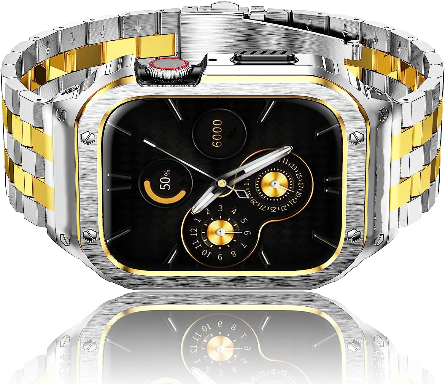 Amznew Apple Watch Bands Compatible for Iwatch Series Ultra (49Mm) 8/7(45Mm/41Mm), 6/5/4/Se(44Mm/40Mm) 3/2/1(42Mm/38Mm), Stainless Steel Iwatch Bands with Case and Protective Cover Men  Amznew Silver-Gold 41/40/38mm 