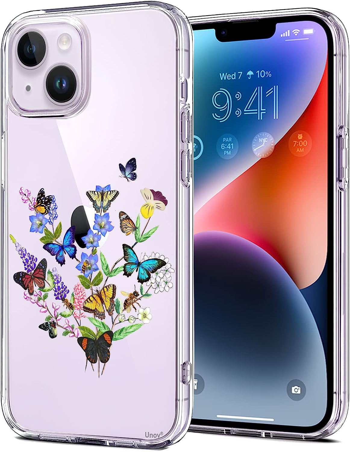 Unov Case Compatible with Iphone 14 plus Case Clear with Design Embossed Pattern Soft TPU Bumper Slim Protective 6.7 Inch (Great Wave)  Unov Flower Butterfly  