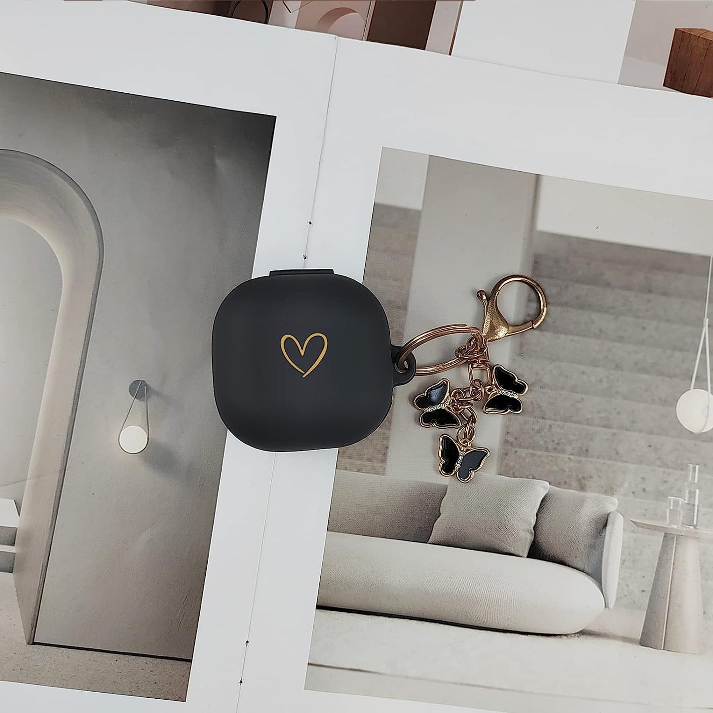 AIIEKZ Compatible with Samsung Galaxy Buds 2 / Buds Pro/Buds Live/Buds 2 Pro, Soft Silicone Case with Gold Heart Pattern with Cute Butterfly Keychain for Girls Women (Black)  AIIEKZ   