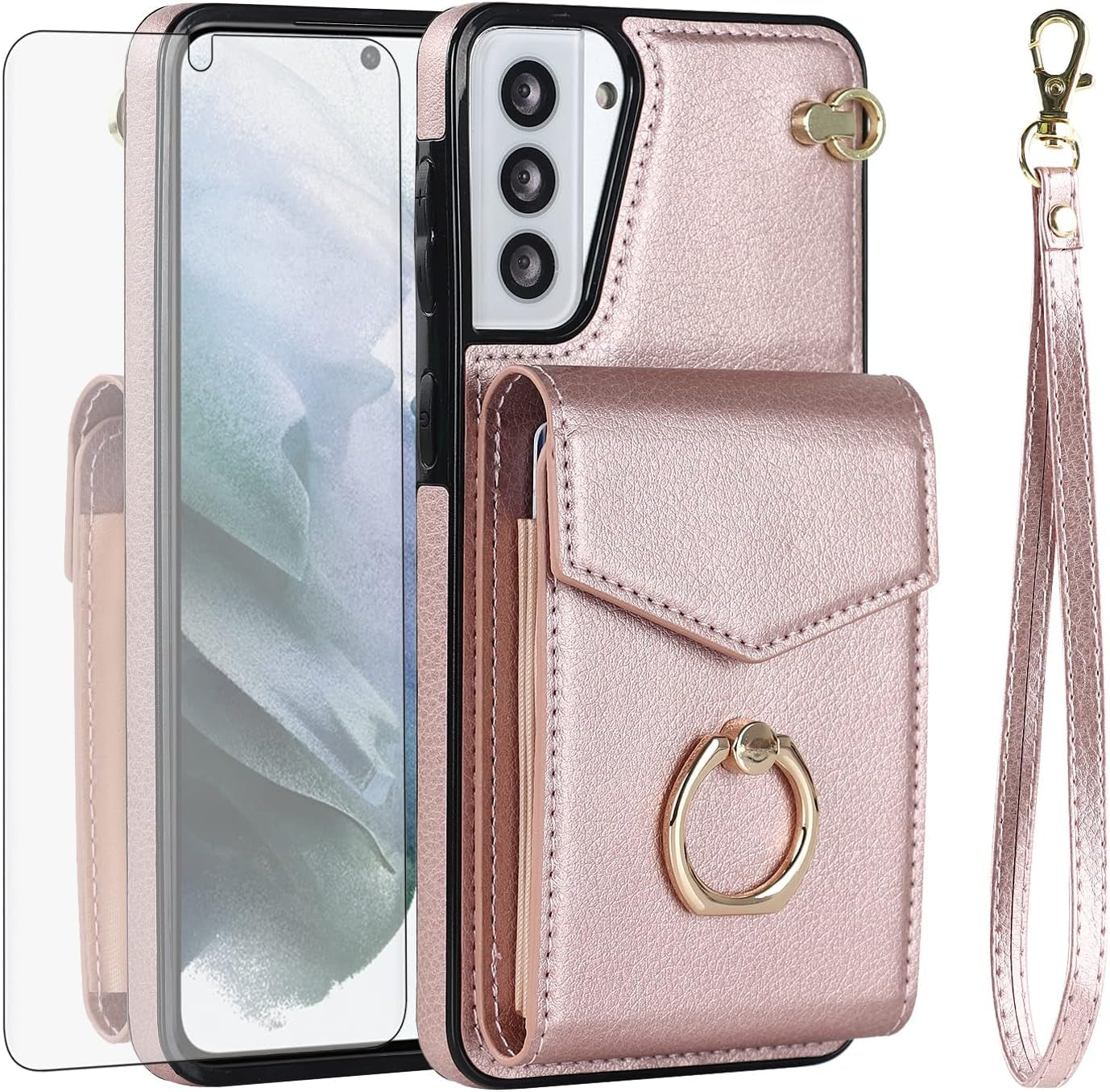 Asuwish Phone Case for Samsung Galaxy S21 plus S21+ 5G Wallet Cover with Tempered Glass Screen Protector and RFID Blocking Ring Credit Card Holder Cell S21+5G S21Plus 21S + S 21 21+ G5 Women Rose Gold  Asuwish   