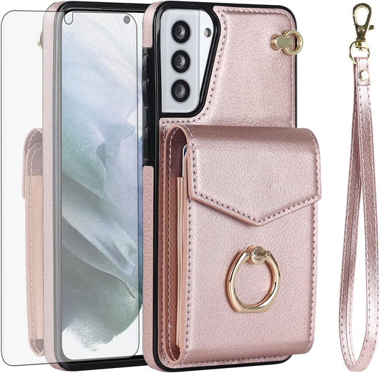 Asuwish Phone Case for Samsung Galaxy S21 plus S21+ 5G Wallet Cover with Tempered Glass Screen Protector and RFID Blocking Ring Credit Card Holder Cell S21+5G S21Plus 21S + S 21 21+ G5 Women Rose Gold  Asuwish   
