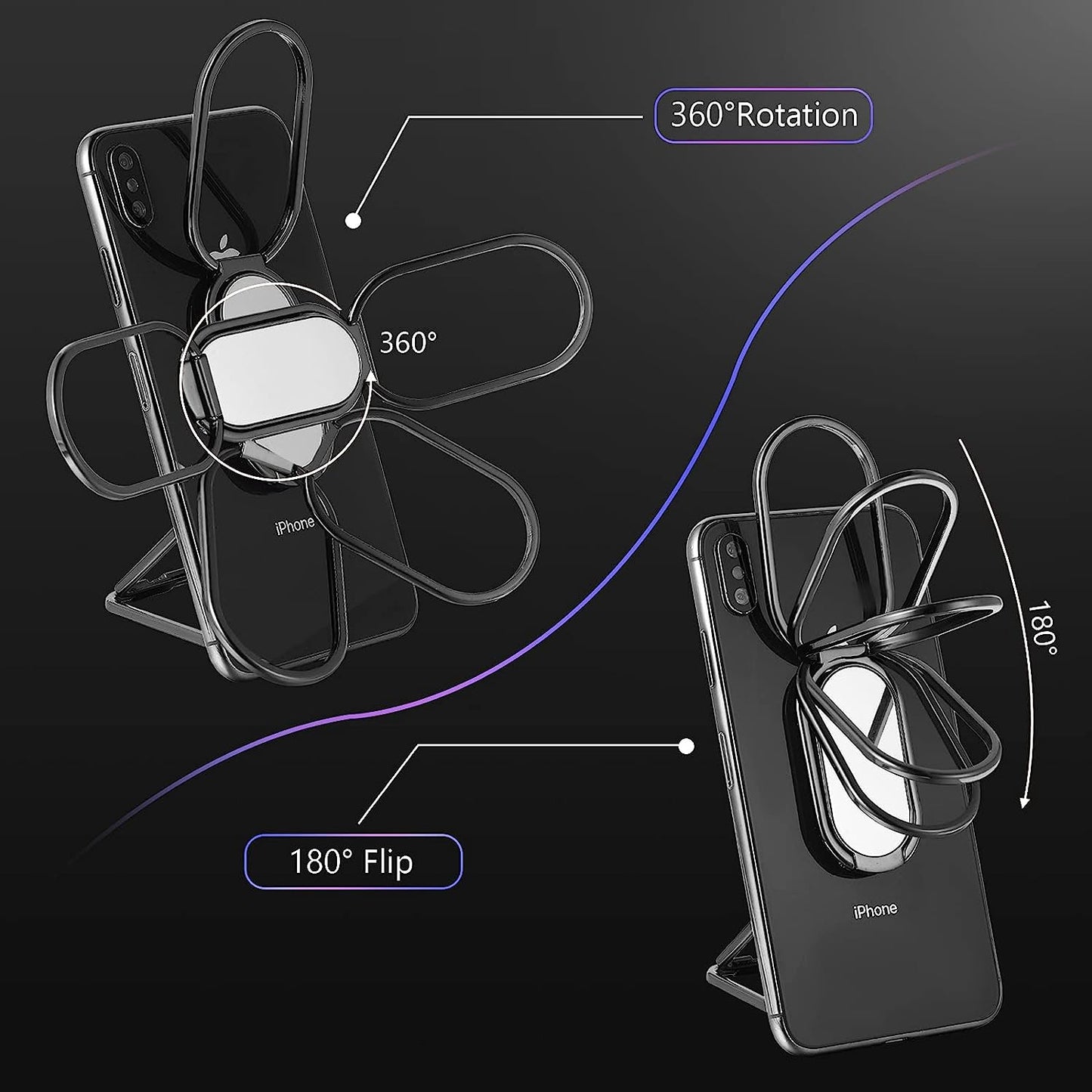 4 Pieces Phone Ring Holder Finger Kickstand 360° Rotation 180° Flip Foldable Retractable Magnetic Cellphone Back Grip for Car Phone Compatible with Most Smartphones Tablets (Silver, Iron Black)  Frienda   