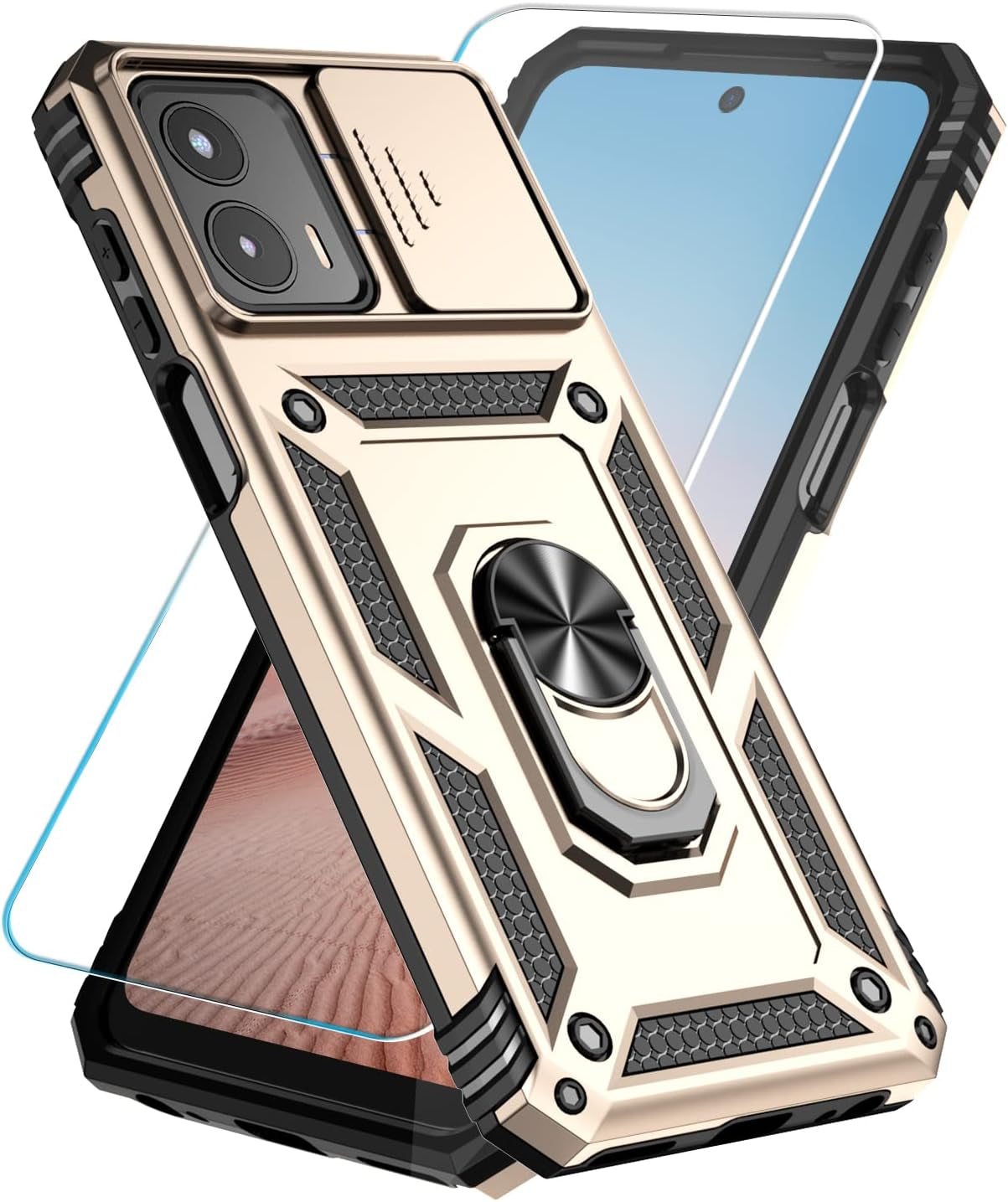 Sunstory for Motorola Moto G 5G 2023 Case with Tempered Glass Screen Protector & Slide Camera Cover & Kickstand, [Military-Grade] Phone Case for Moto G 5G 2023 (Red)  SunStory Gold  