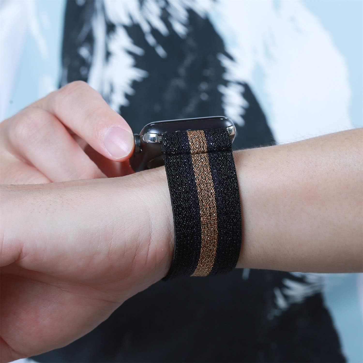 TOYOUTHS Elastic Band Compatible with Apple Watch Band Scrunchies Stretchy Solo Loop 41Mm/40Mm/38Mm Soft Nylon Strap Replacement Wristband for Iwatch Series 8/7/SE/6/5/4/3/2/1, Black/Gold/Blue, S  TOYOUTHS   