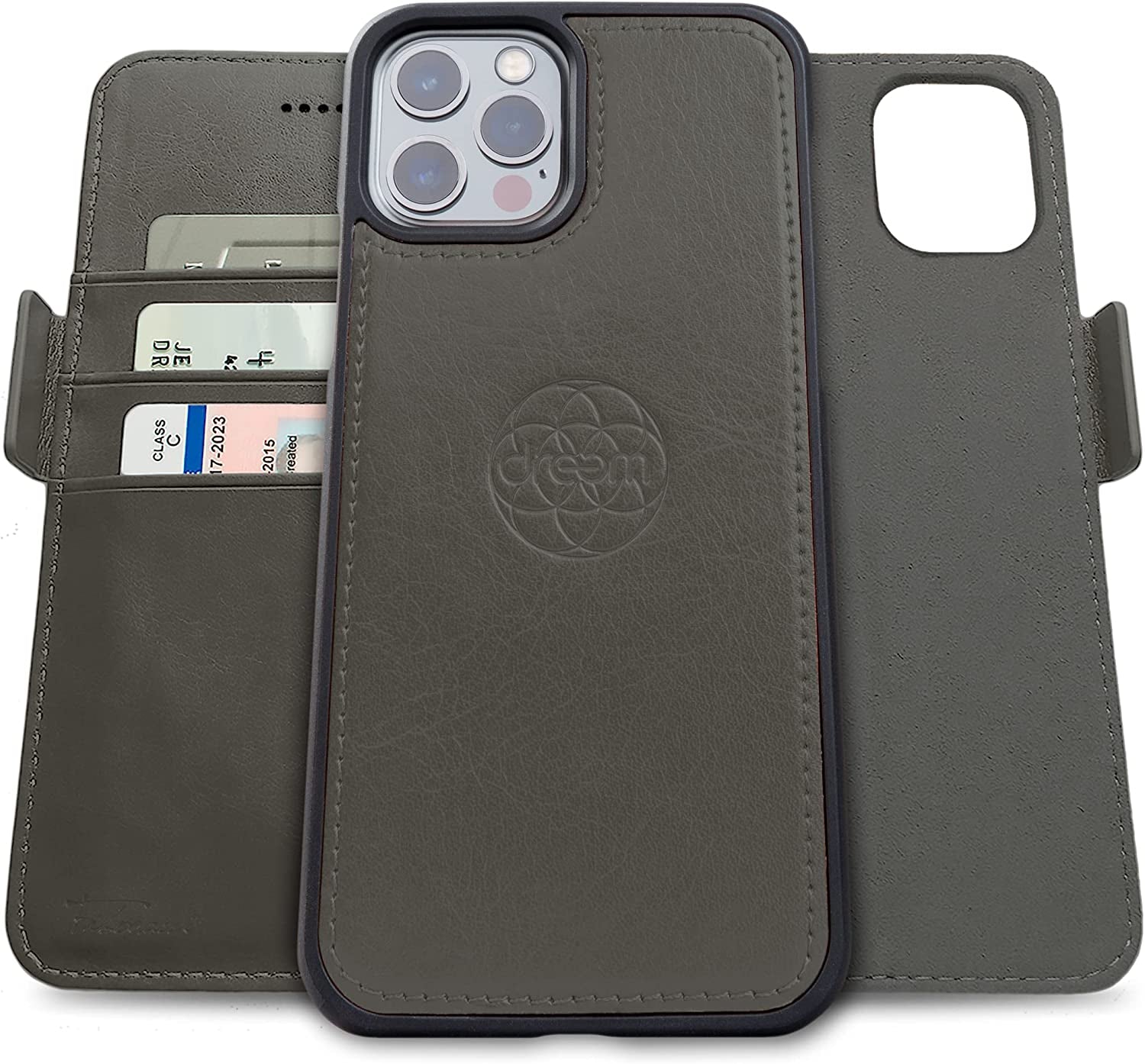 Dreem Fibonacci 2-In-1 Wallet Case for Apple Iphone 13 Pro Max - Luxury Vegan Leather, Magnetic Detachable Shockproof Phone Case, RFID Card Protection, Magsafe Compatible - Coffee  Dreem Grey iPhone 13 Pro Max 