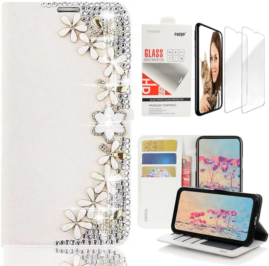 STENES Bling Wallet Case Compatible with LG G7 Thinq - Stylish - 3D Handmade Flowers Design Leather Case with Wrist Strap & Screen Protector [2 Pack] - Pink  STENES Flowers Floral / White Design For Iphone 12 Pro Max Case 