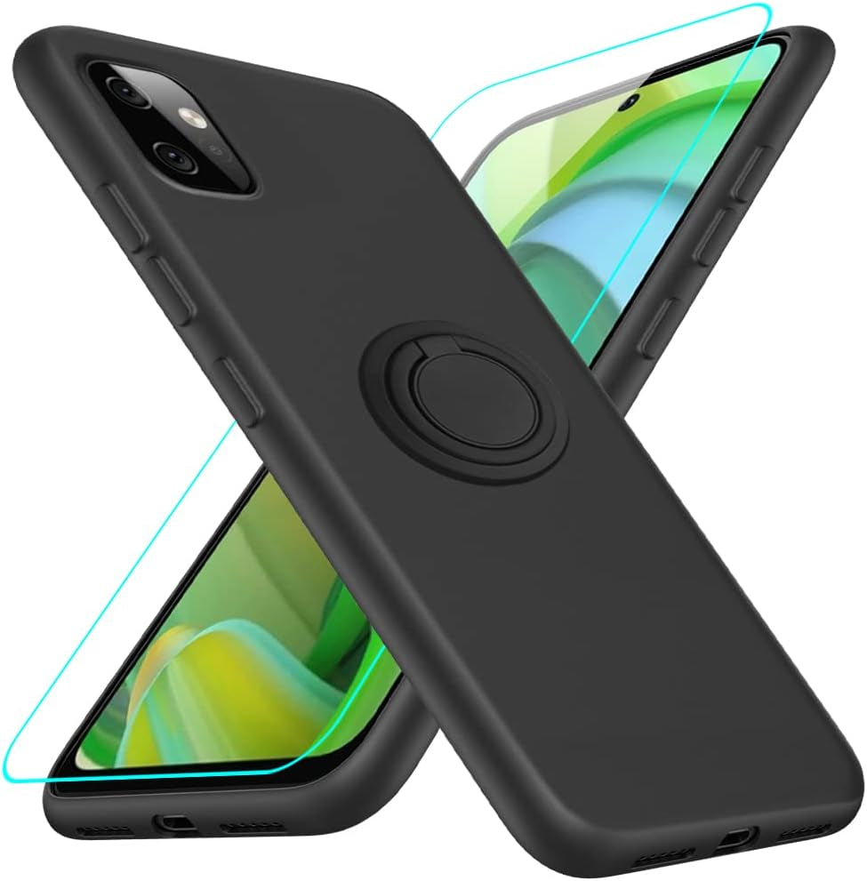 For Motorola Moto G 5G 2023 Phone Case with Glass Screen Protector, 360° Rotatable Ring Holder Magnetic Kickstand/Stand Silicone TPU Shockproof Protective Cover Case for Motorola Moto G 5G - Black  Nijiadi Mt G Power 2023 Black  