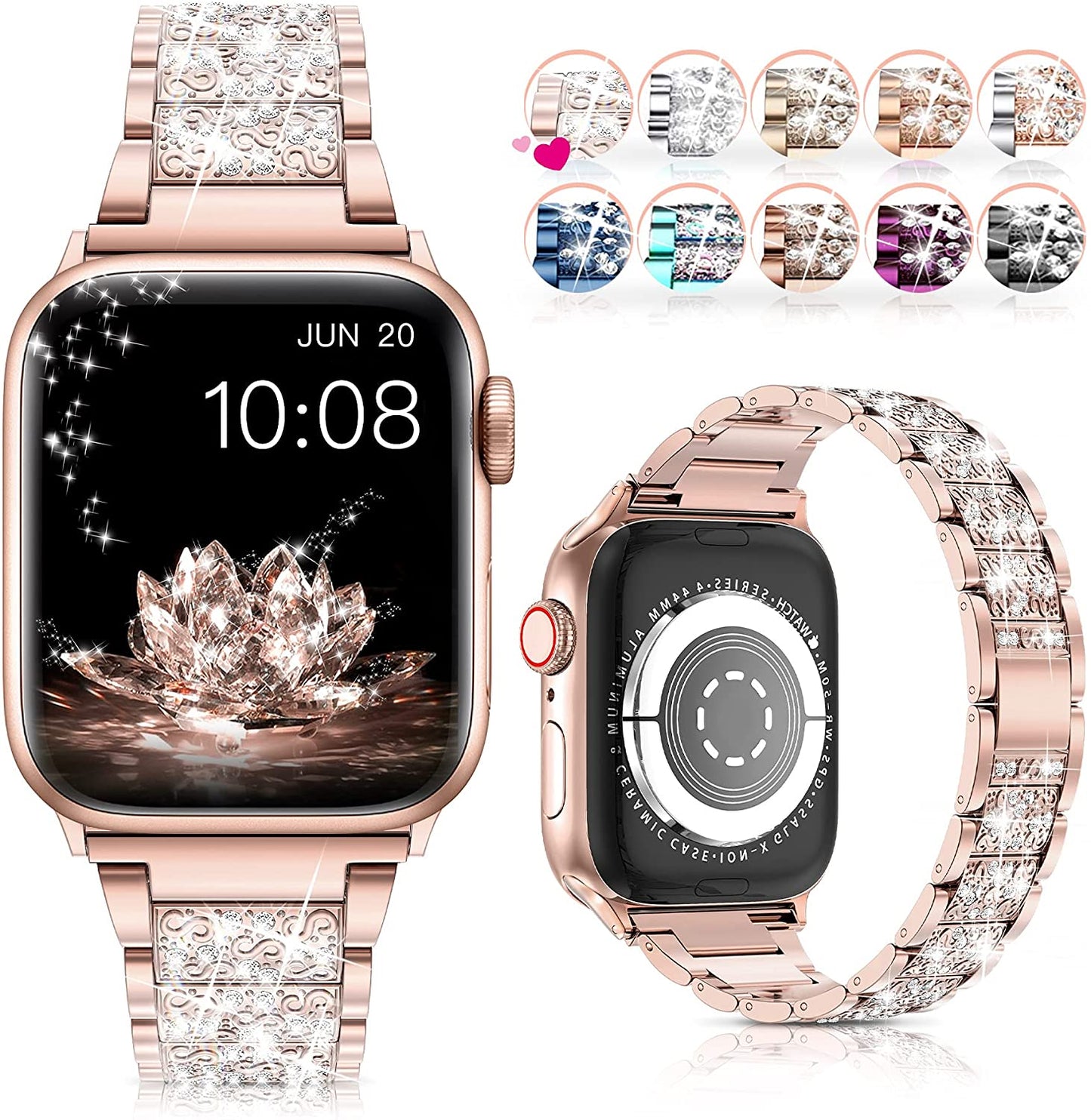 LELONG for Apple Watch Band 38Mm 40Mm 41Mm Series 8 7 6 5 4 3 2 1 SE Ultra for Women, Bling Replacement Bracelet Iwatch Band, Sparkle Diamond Rhinestone Stainless Steel Metal Wristband Strap  LELONG   