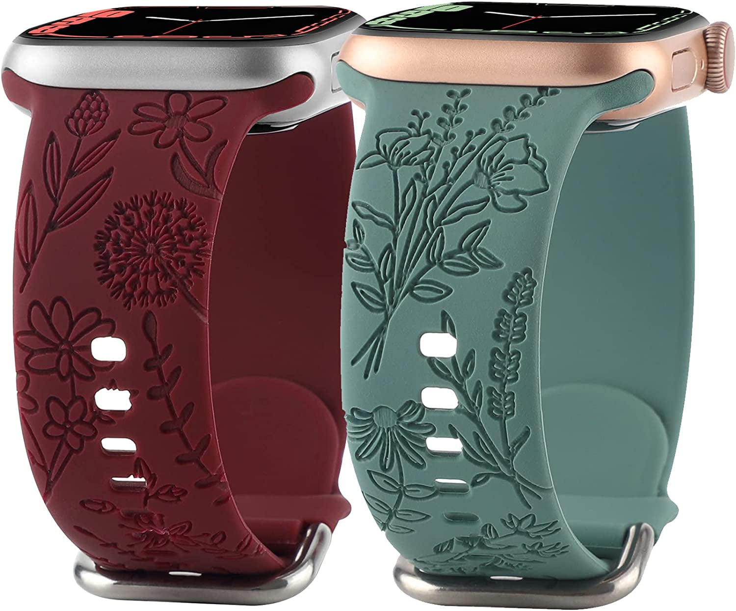 Flower Engraved Silicone Band Compatible with Apple Watch Bands 38Mm 40Mm 41Mm, Cute Women Wildflowers Floral Design Soft Sport Strap Replacement Wristbands for Iwatch Series 8 7/SE/6/5/4/3/2/1  FERJITGR Wine Red Green 38/40/41mm 