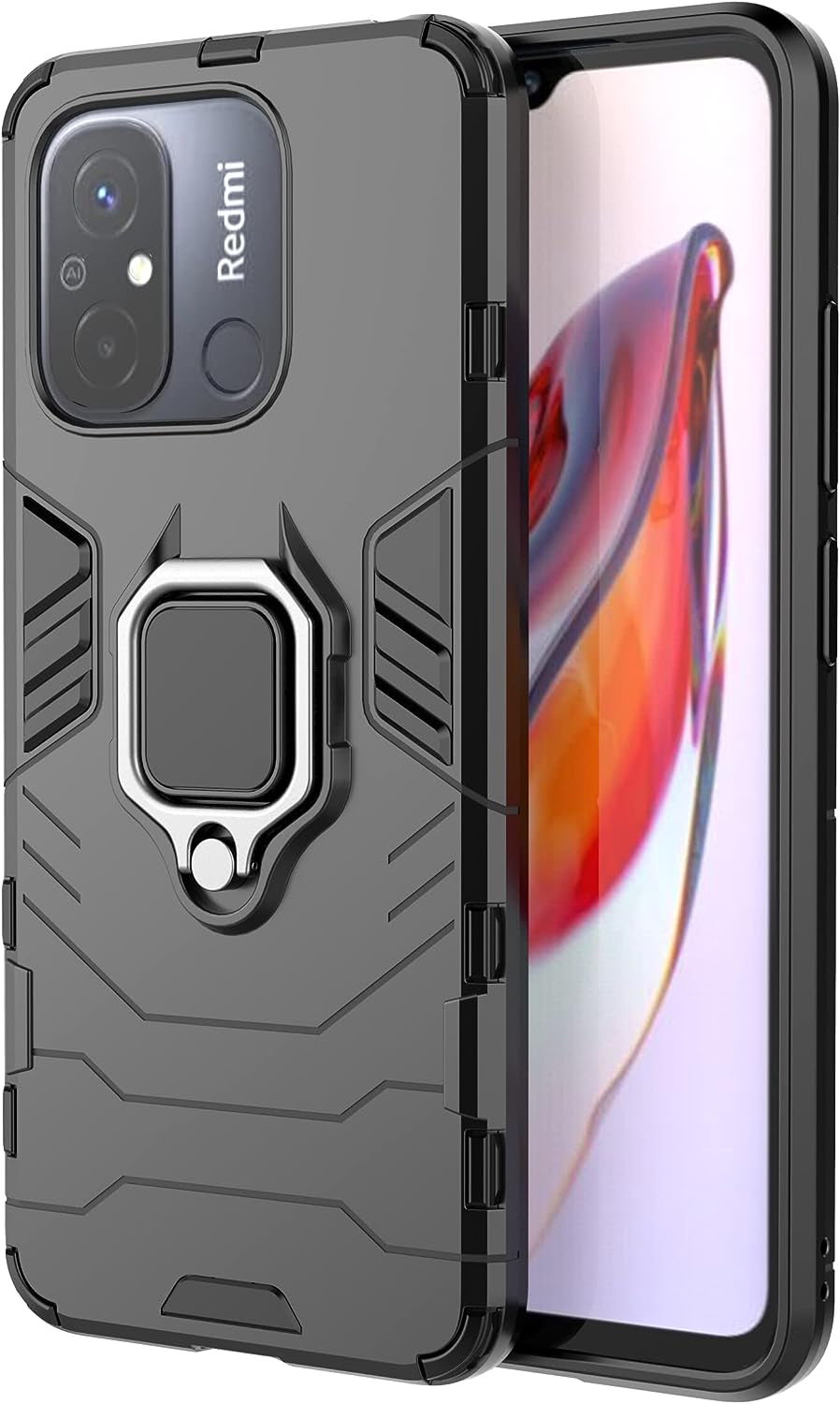 ZMONE Phone Case for Xiaomi Redmi 12C Case with Glass Screen Protector [2 Pack] Heavy Duty Dual Layer Military Grade Shockproof Protective Cover with Magnetic Ring Kickstand - Black  Chengmi   