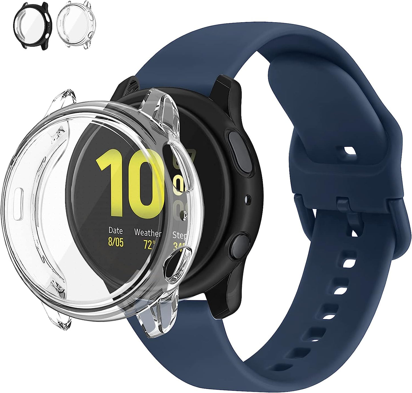 Mugust Screen Protector Cases with Band Compatible for Samsung Galaxy Watch Active 2 40Mm & 44Mm, TPU Protective Case Band Silicone Sport Wristband Strap for Men Women  Mugust Dark Blue (Clear+Black) for Galaxy Watch Active 2 44mm 