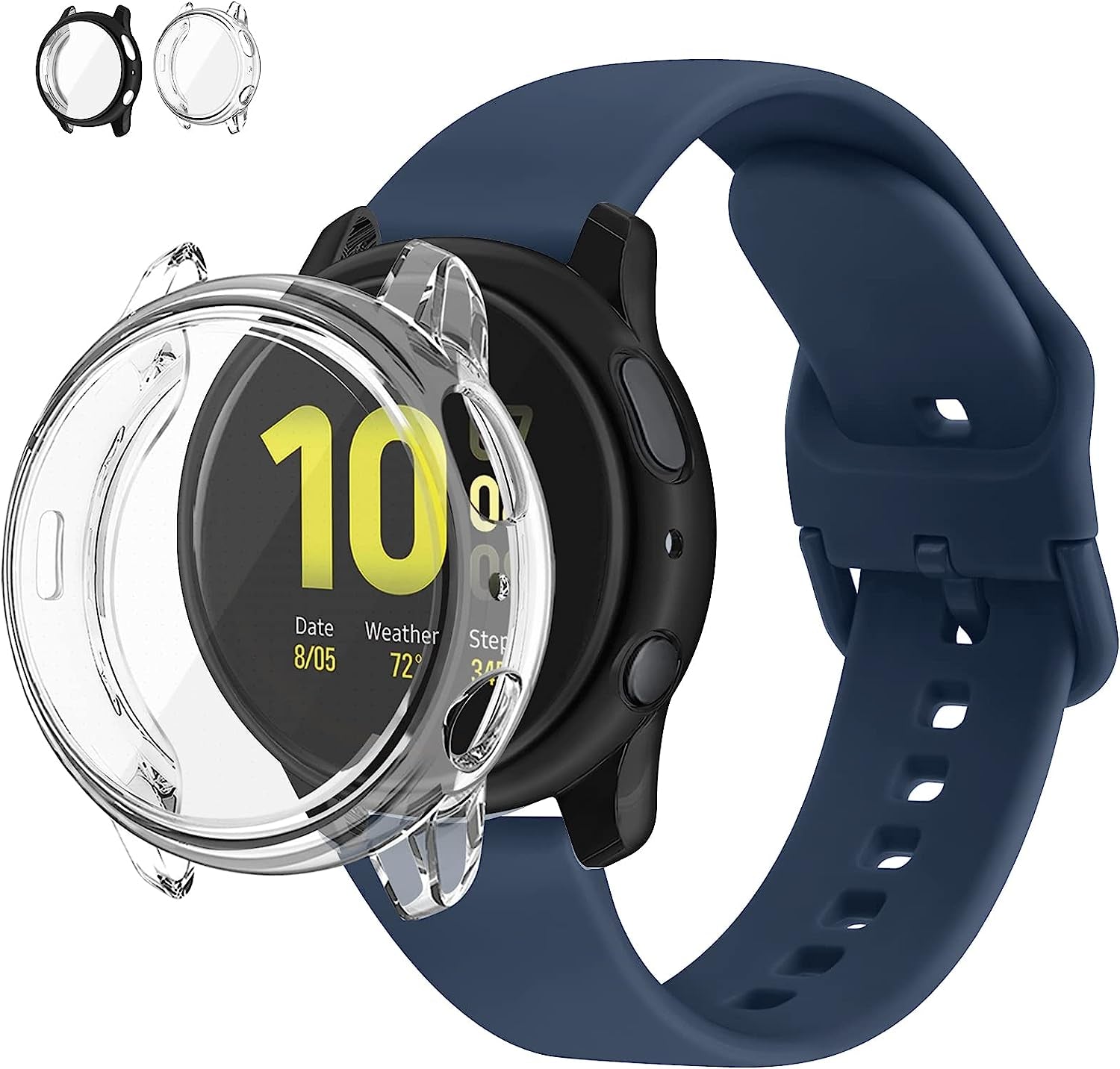 Mugust Screen Protector Cases with Band Compatible for Samsung Galaxy Watch Active 2 40Mm & 44Mm, TPU Protective Case Band Silicone Sport Wristband Strap for Men Women  Mugust Dark Blue (Clear+Black) for Galaxy Watch Active 2 44mm 