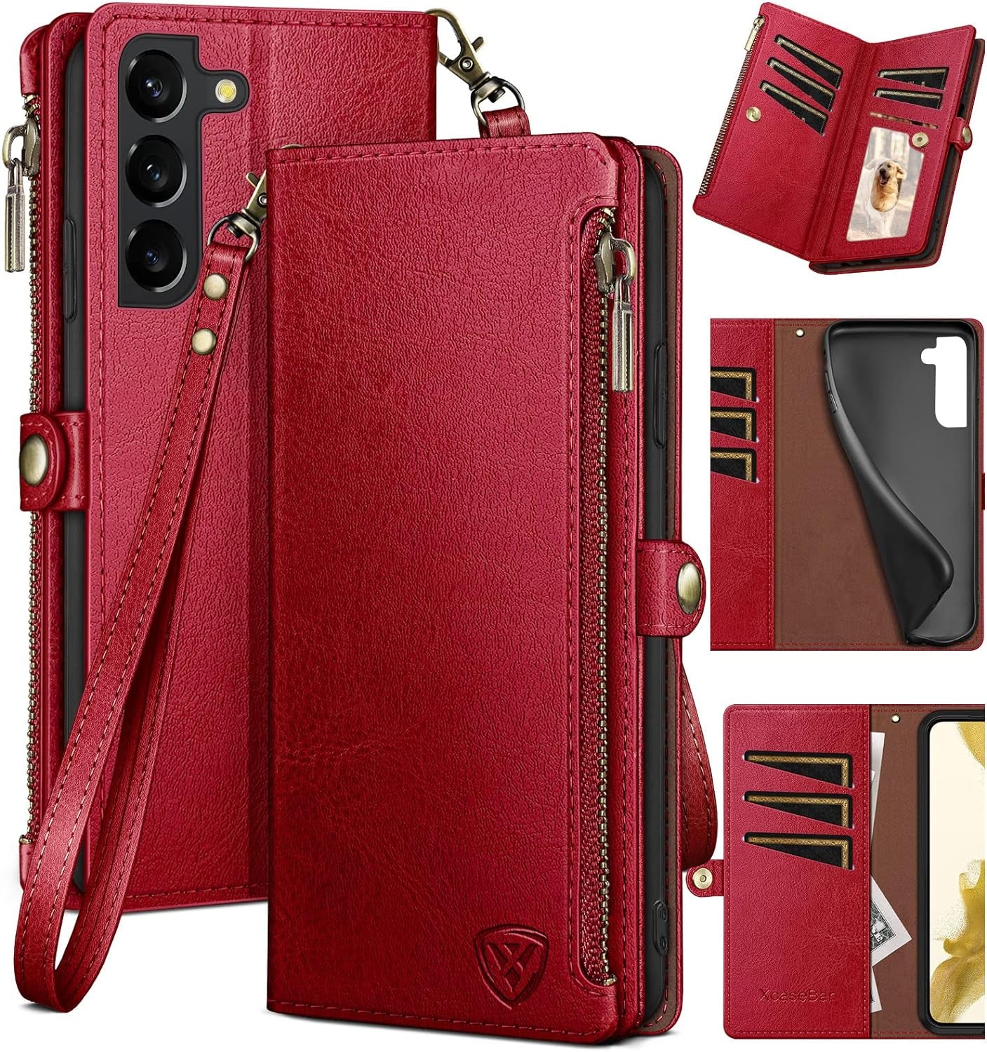 Xcasebar for Samsung Galaxy S22 plus Wallet Case with Zipper Credit Card Holder【Rfid Blocking】, Flip Folio Book PU Leather Phone Case Shockproof Cover Women Men for S22 plus Case Black  XcaseBar Red  