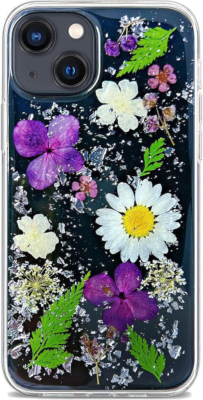Abbery Designed for Iphone 13 Pressed Flower Case, Cute Clear with Design Soft Silicone Rubber Dried Real Flowers Floral Aesthetic Case for Iphone 13 6.1 Inch (Glitter Blue)  Abbery Leaf Daisy Flower  