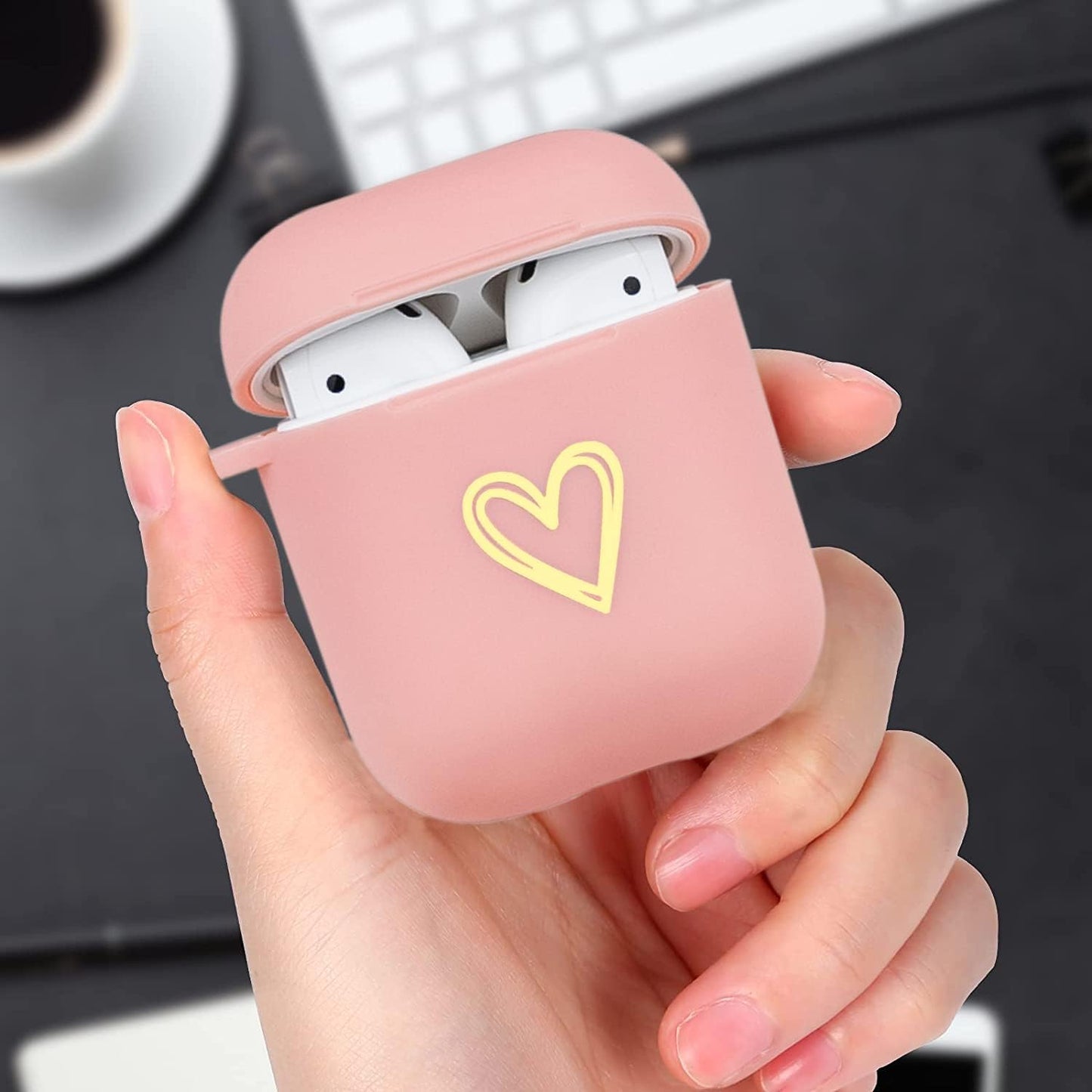 Wonjury Airpods Case Cute Soft TPU Gold Heart Pattern with Keychain Shockproof Cover Case for Girls Woman Apple Airpods 2 &1 - Pink  Wonjury   