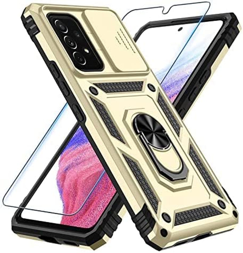 Samsung Galaxy A53 5G Case Built in Slide Camera Lens Cover and Screen Protector,Heavy Duty Shockproof Full Body Protective Phone Cover,Built in Finger Ring Stable Holder Kickstand,2022 Blue  Janmitta Y Gold Samsung A53(6.5 Inch) 