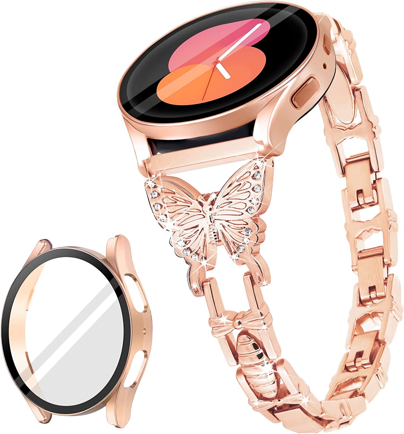 G-Ficu Galaxy Watch 4 Band 20Mm Butterfly Band for Samsung Galaxy Watch 5 & 4 Band 40Mm 44Mm, Women Bling Diamond Slim Band, Cute Luxury Metal Band for Watch 5 Pro/Watch 4 Classic 42Mm 46Mm/Watch 3 41Mm/Active 2(Rose Gold)  Green ficus 【Rose Gold】Band & Case (For Galaxy Watch 4 & 5) 20mm Width + 40mm Case 