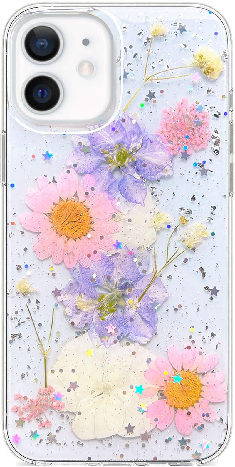 Abbery Designed for Iphone 12 Mini Case Glitter Flower Cute Bling Sparkle Clear with Design Soft Silicone TPU Real Dried Pressed Flowers Floral Aesthetic Phone Cover for Women Girls (3 Pink Flower)  Abbery Glitter Flower  