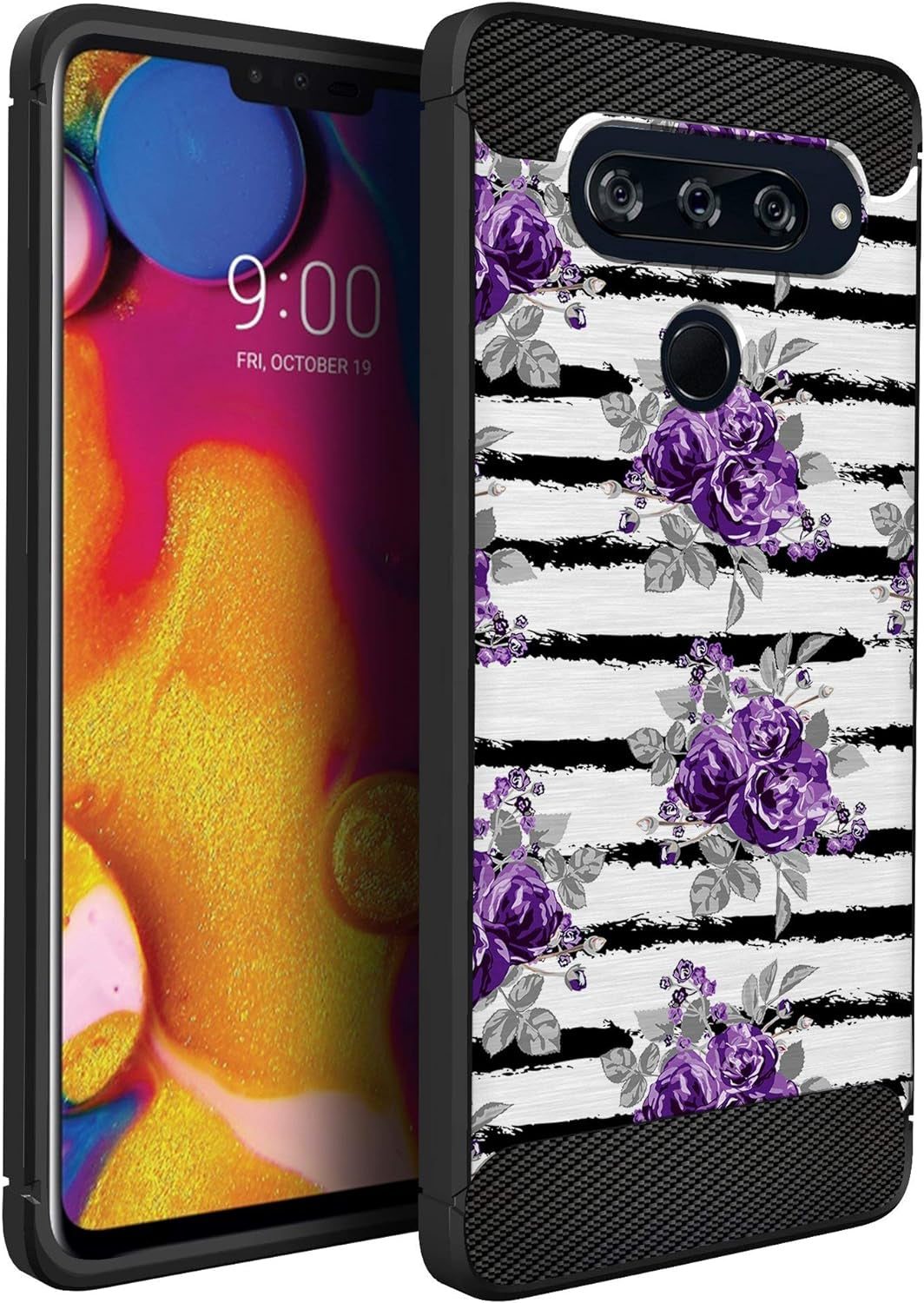 Casesondeck Case Compatible with [LG V40 Thinq] Tribal Floral Matte TPU Flexible Carbon Fiber Textured (Dreamcatcher)  CasesonDeck Purple Stripe Flower  