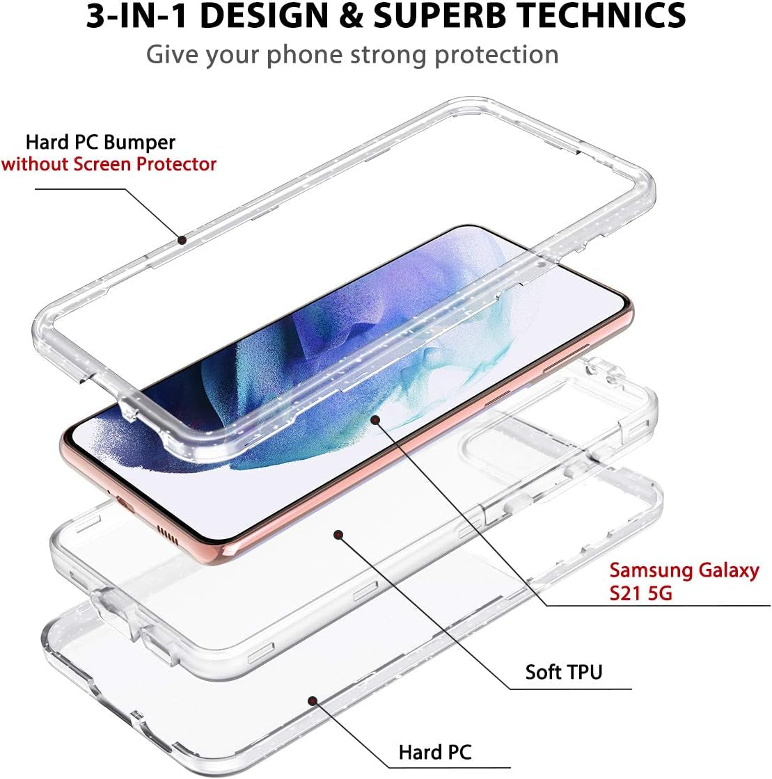 Lamcase for Galaxy S21 5G Case, Crystal Clear Glitter Sparkly Bling Heavy Duty Shockproof Hybrid Three Layer Protective Cover Case for Samsung Galaxy S21 5G 6.2 Inch (2021), Clear/Silver Glitter  Lamcase   