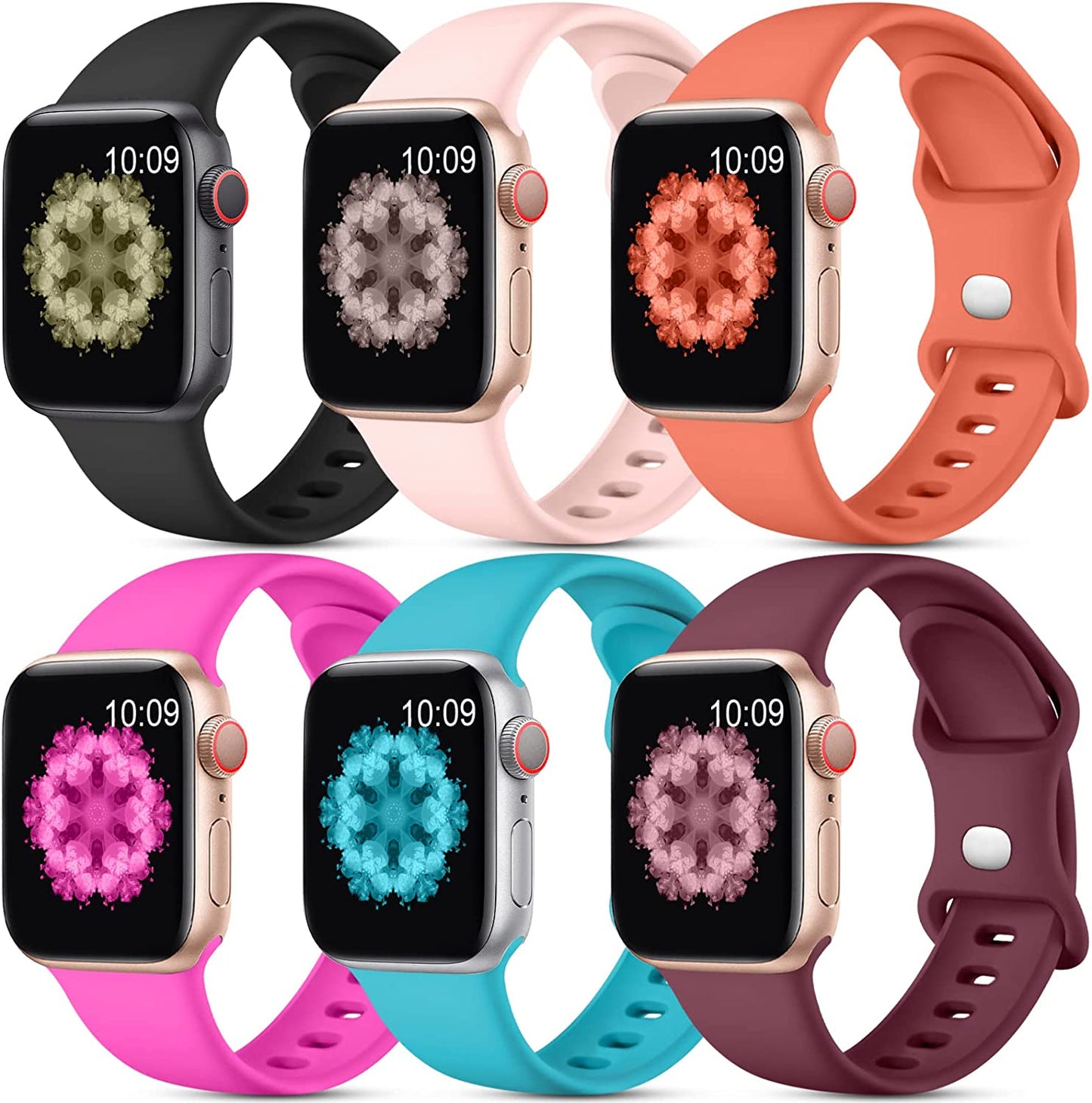 SNBLK [6 Pack] Compatible with Apple Watch Band 38Mm 40Mm 41Mm 42Mm 44Mm 45Mm 49Mm for Women Men, Soft Silicone Wrist Bands Sport Strap Compatible for Iwatch Series 8 7 6 5 4 3 2 1 SE Ultra  SNBLK Black/Pink/Teal/Rose Pink/Wine Red/Coral 38mm/40mm/41mm 