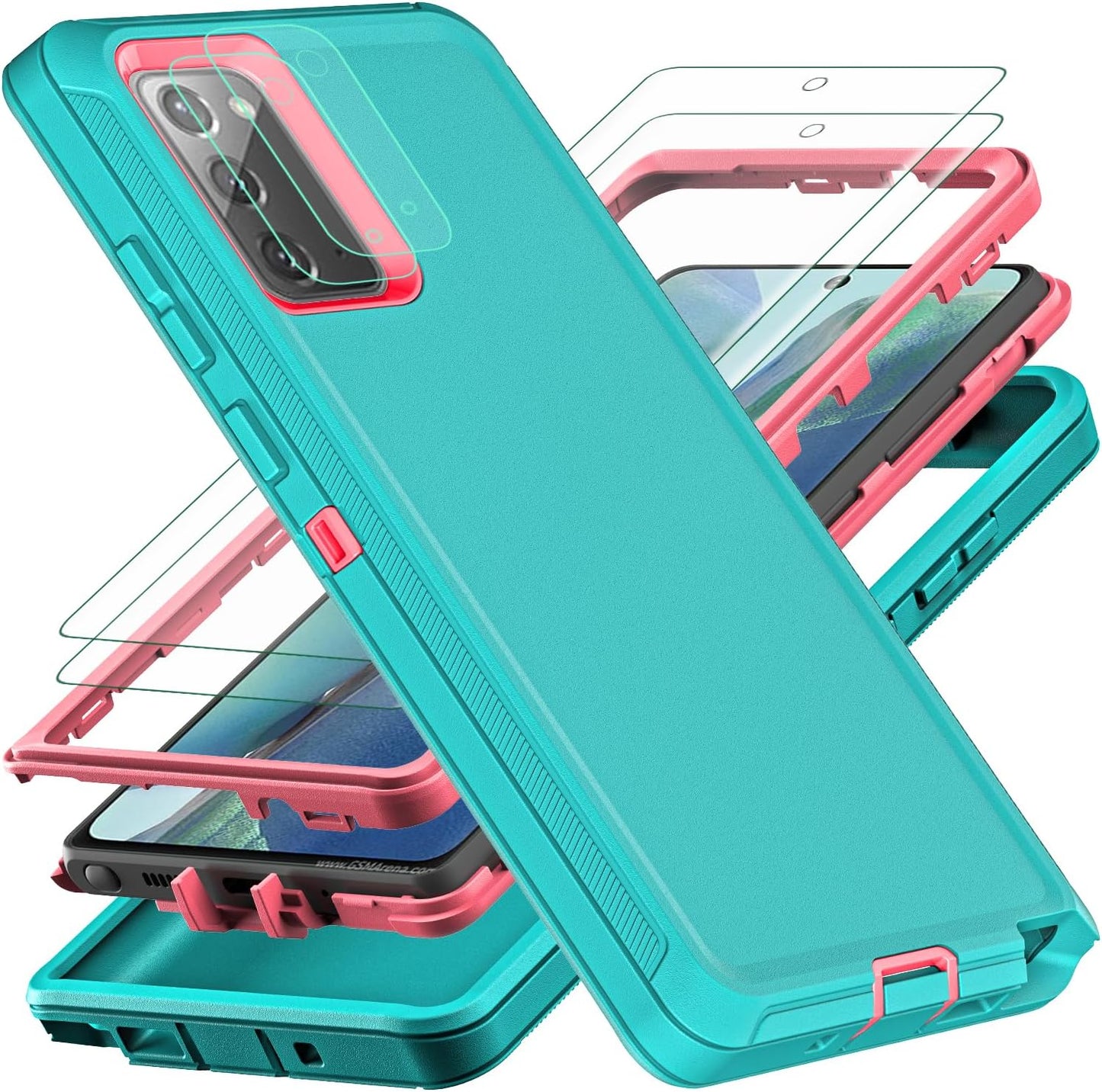 YKHJKLEC for Samsung Galaxy Note 20 Case, Military Grade Shockproof/Drop Proof/Dust Proof Case with 2Pcs Self Healing Flexible TPU Screen Protector & Camera Lens Protector (Blue/Turquoise)  YKHJKLEC Aqua Blue/Pink  