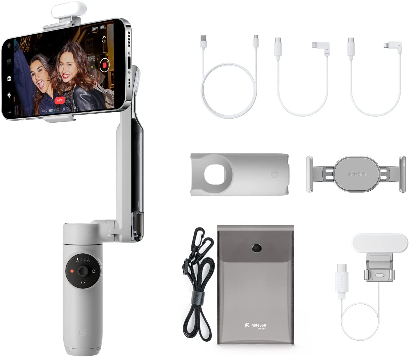 Insta360 Flow - Ai-Powered Smartphone Stabilizer, Auto Tracking Phone Gimbal, 3-Axis Stabilization, Built-In Selfie Stick & Tripod, Portable & Foldable, Youtube Tiktok Video, Stone Gray  Insta360 Stone Gray-Creator Kit  