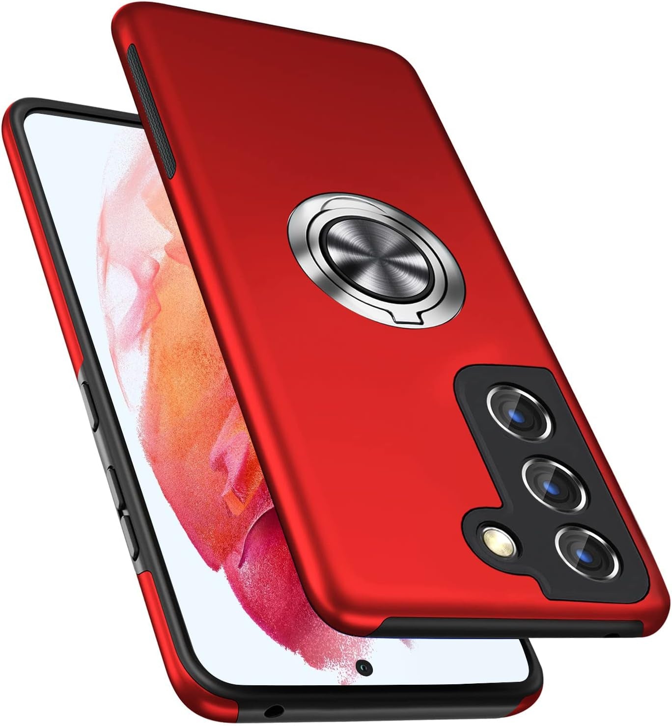 PELEPUES Case for Samsung Galaxy S21 Plus/S21+ 5G, [Built-In Camera Cover] Military Shockproof Phone Case Cover with Embedded Metal Ring Stand Kickstand [Support Magnetic Car Holder] for S21+, Black  PELEPUES Red  