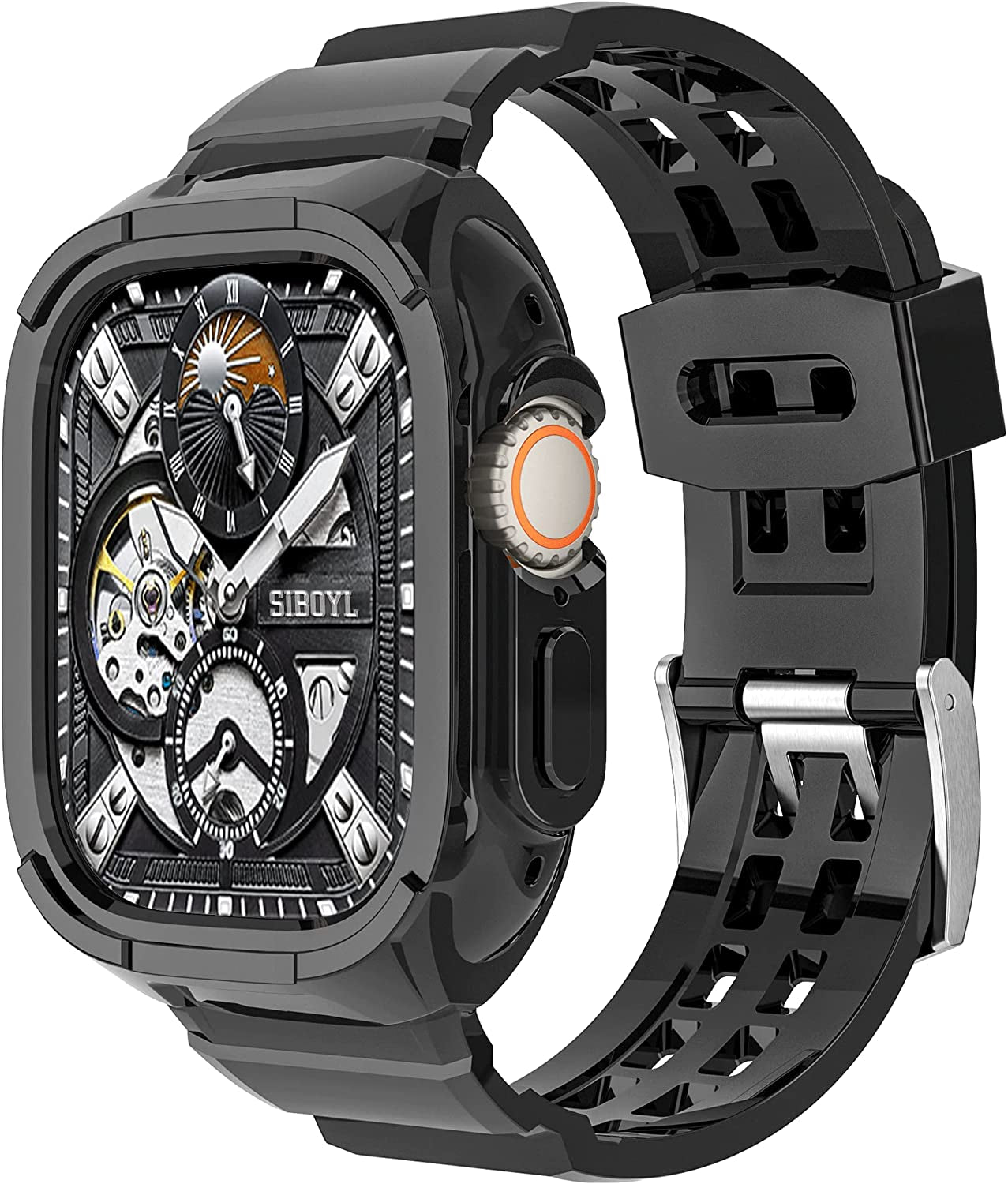 3 in 1 Rugged Band and Bumper Case with Screen Protector for Apple Watch Ultra Band 49Mm, Tempered Glass Film, Shockproof Protective Band for Men, Metal Clasp Sport Armor Band for Iwatch Ultra-Black  BuPa Matte Black-Double Tongue Buckle 49mm 