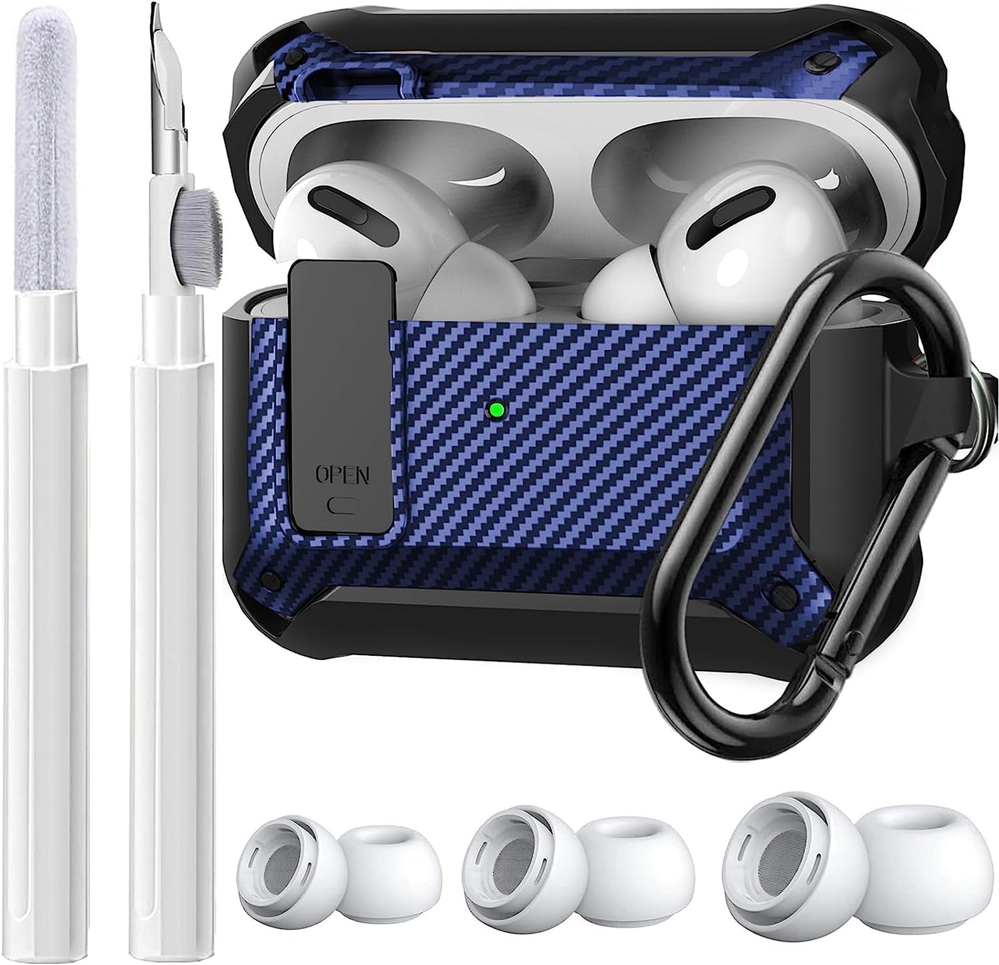 [4 in 1] Airpods Pro 2 Gen/Pro Case Lock with Cleaner Kit&Replacement Ear Tips(S/M/L), Olytop Rugged Airpod Pro 2Nd/1St Generation Protective Cover for Ipod Pro 2019/2022 with Keychain, Black/Red  Olytop Black/Blue  