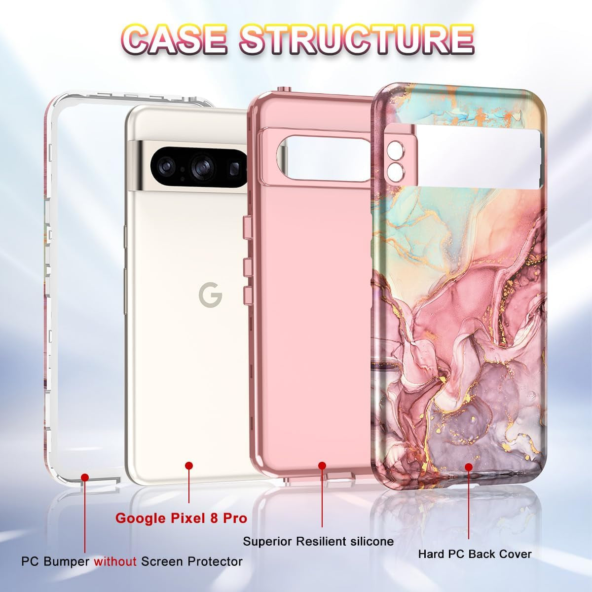Btscase for Google Pixel 8 Pro Case (2023), Marble Pattern 3 in 1 Heavy Duty Shockproof Full Body Rugged Hard Pc+Soft Silicone Drop Protective Women Girl Cover for Google Pixel 8 Pro, Rose Gold  Btscase   