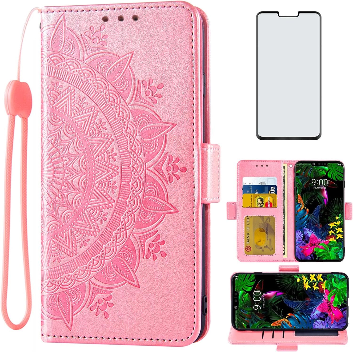 Asuwish Compatible with LG G8 Thinq Wallet Case and Tempered Glass Screen Protector Credit Card Holder Flip Wrist Strap Stand Cell Phone Cover for LGG8 Thin Q G 8 LG8 G8Thinq Lgg8Thinq 8G Women Grey  Asuwish Rose Gold For Lg G8 Thinq / G8 