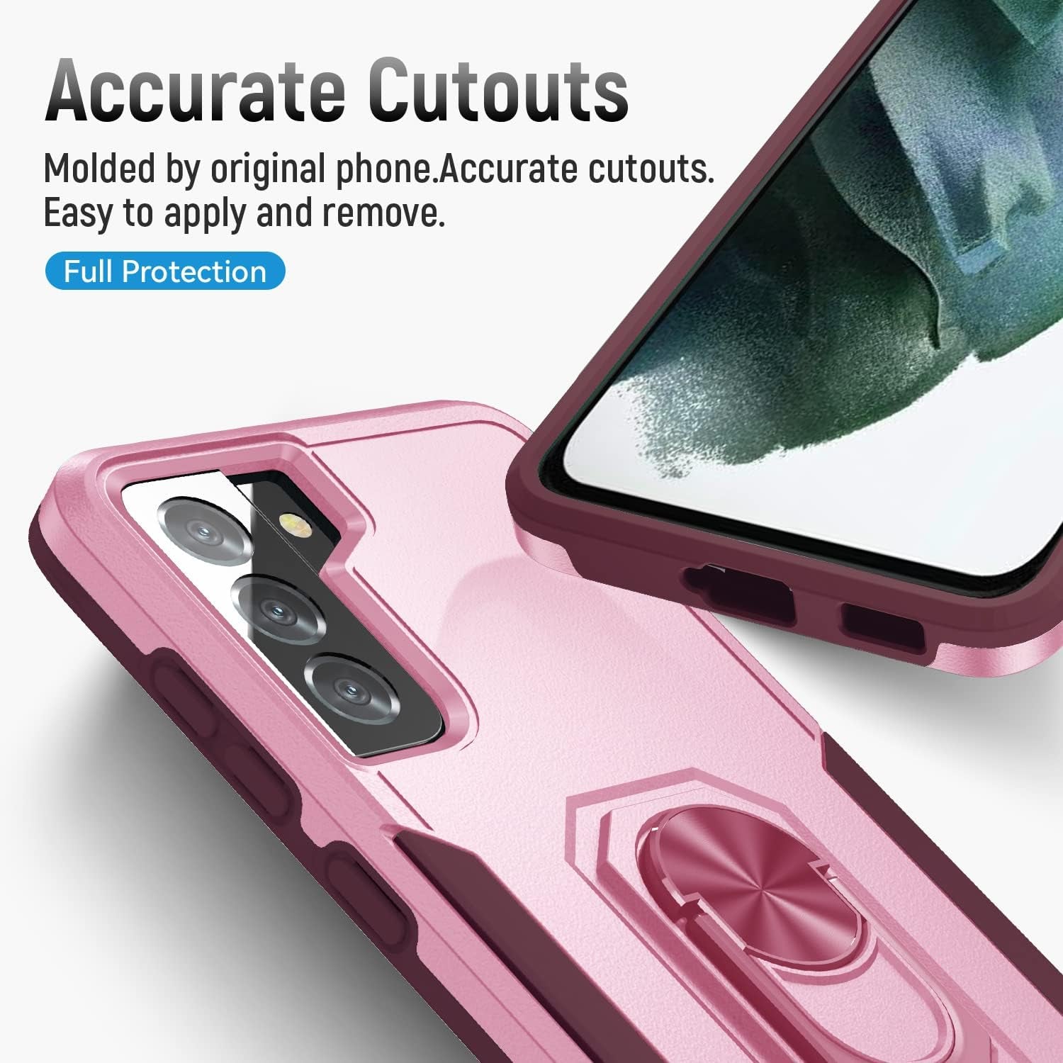 KSELF Galaxy S21 5G Case with Tempered Glass, Shockproof Military-Grade Phone Cover & Ring Kickstand, 6.2" (Pink)  KSELF   