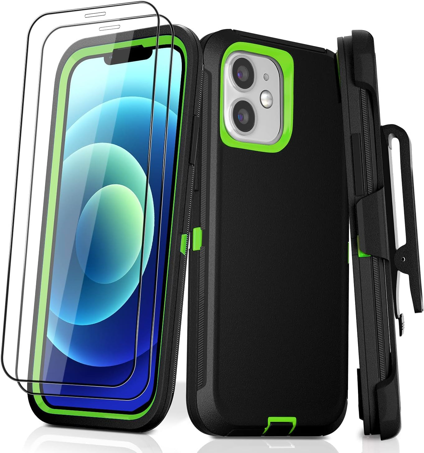 DHCALL for Iphone 12 Case & Iphone 12 Pro Case (6.1"), with 2 Tempered Glass Screen Protector,Belt Clip Holster, [Full Body Drop Protection] Shockproof Tough Durable 6.1 Inch（Black Green+Clip）  DHCALL   