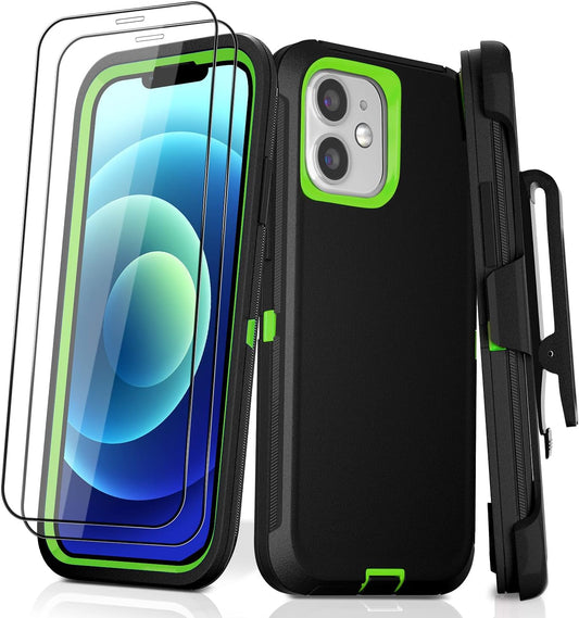 DHCALL for Iphone 12 Case & Iphone 12 Pro Case (6.1"), with 2 Tempered Glass Screen Protector,Belt Clip Holster, [Full Body Drop Protection] Shockproof Tough Durable 6.1 Inch（Black Green+Clip）  DHCALL   