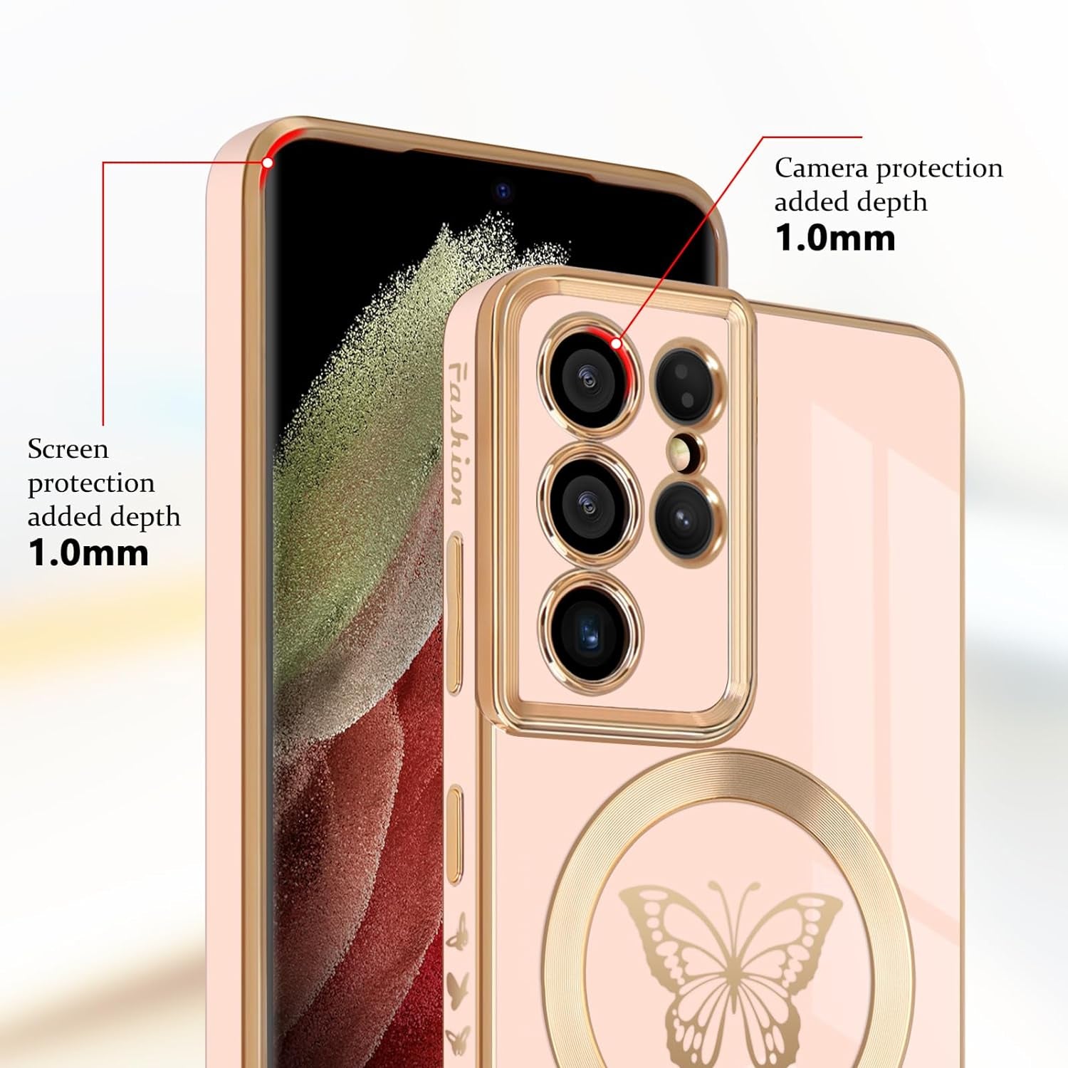 Newseego for Samsung Galaxy S21 Ultra 5G Magnetic Case, Cute Butterfly Plating Edge Case with Magsafe for Women Girls Men Soft TPU Bumper Shockproof Protective Cover for Samsung Galaxy S21 Ultra-Pink  Newseego   