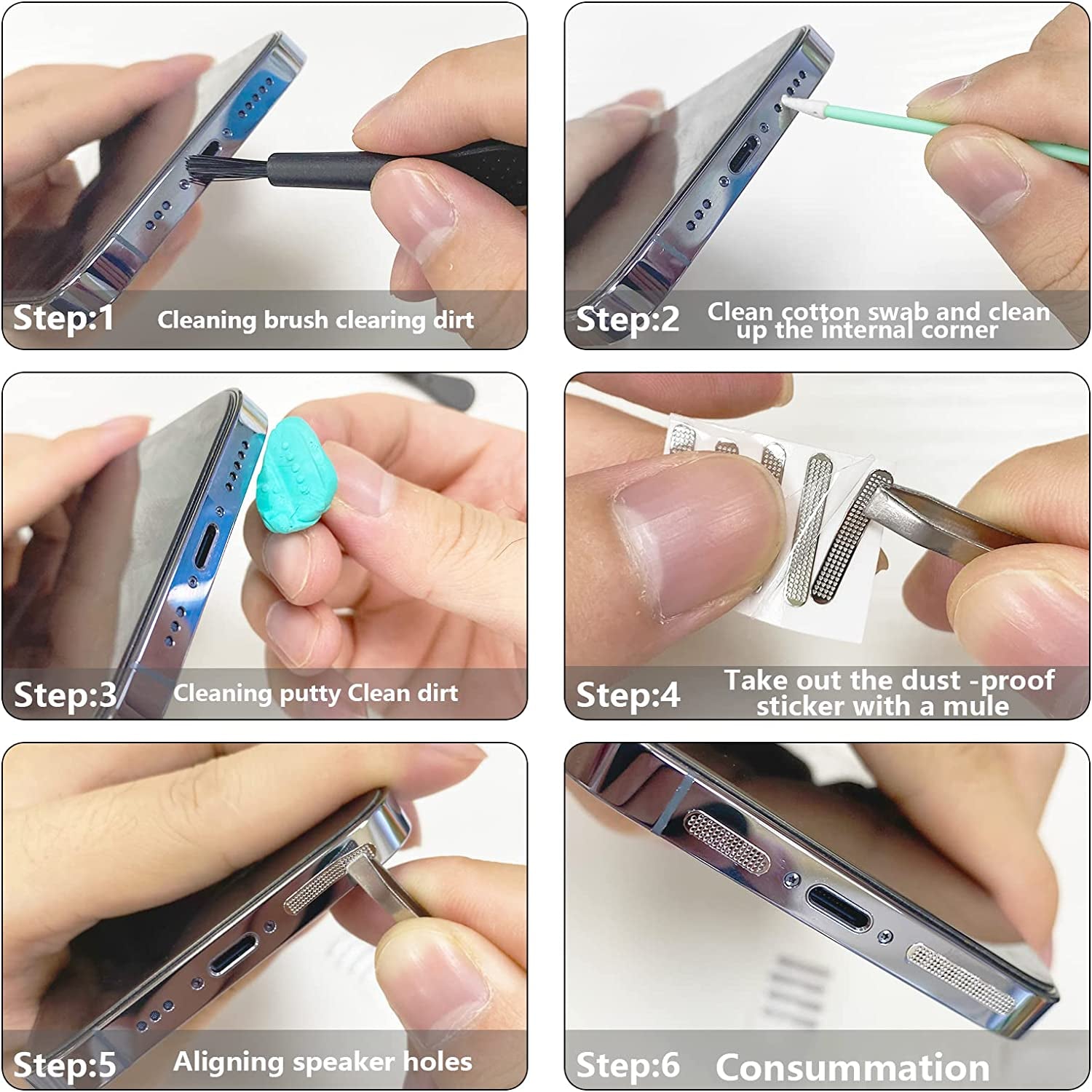 16 PCS Iphone Metal Speaker Dust Cover (8PCS Black and 8PCS Silver) 2PCS Iphone Metal Dust Plug 10PCS Silicone Dust Plugs,With Cleaning Tools Compatible Iphone 12/13 /14 Pro/Pro Max/Iphone Series  Pohgelan   