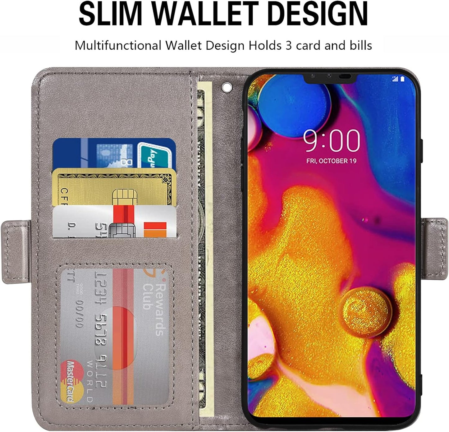 Asuwish Compatible with LG V40 Thinq Wallet Case and Tempered Glass Screen Protector Flip Wrist Strap Card Holder Cell Phone Cover for LGV40 Storm V 40 Thin Q V40Thinq LG40 40V 40Thinq Women Men Grey  Asuwish   