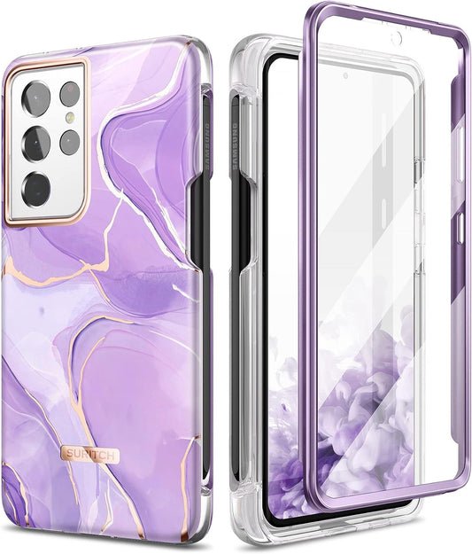 SURITCH Phone Case for Samsung Galaxy S21 Ultra with S-Pen Holder Front Cover Built-In Screen Protector Upgraded Dual-Layer Full Body Protection Anti-Scratch Shockproof for Woman Man, Purple Marble  SURITCH   